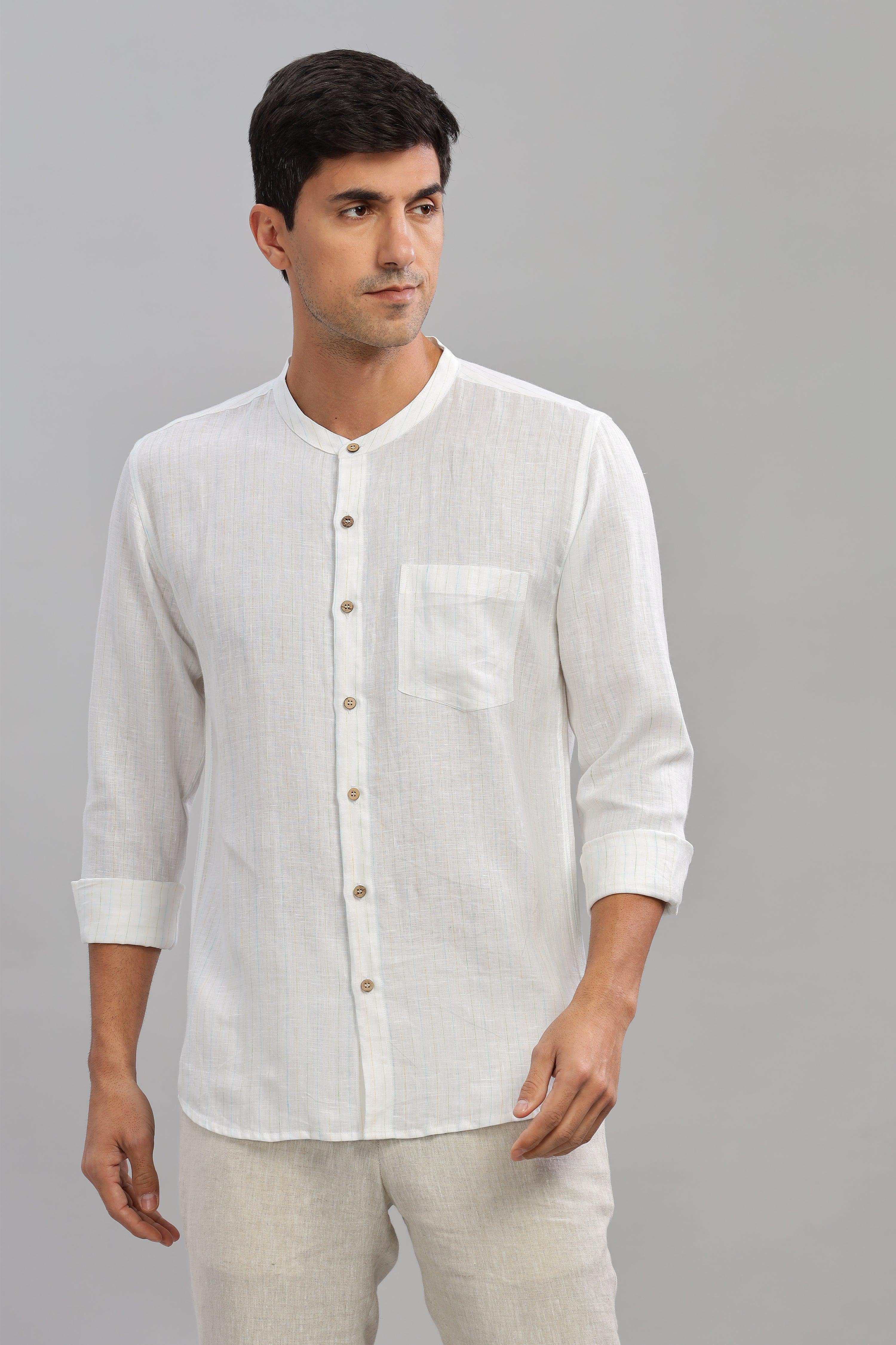 HAN - Pure Linen Mandarin Collar White Shirt