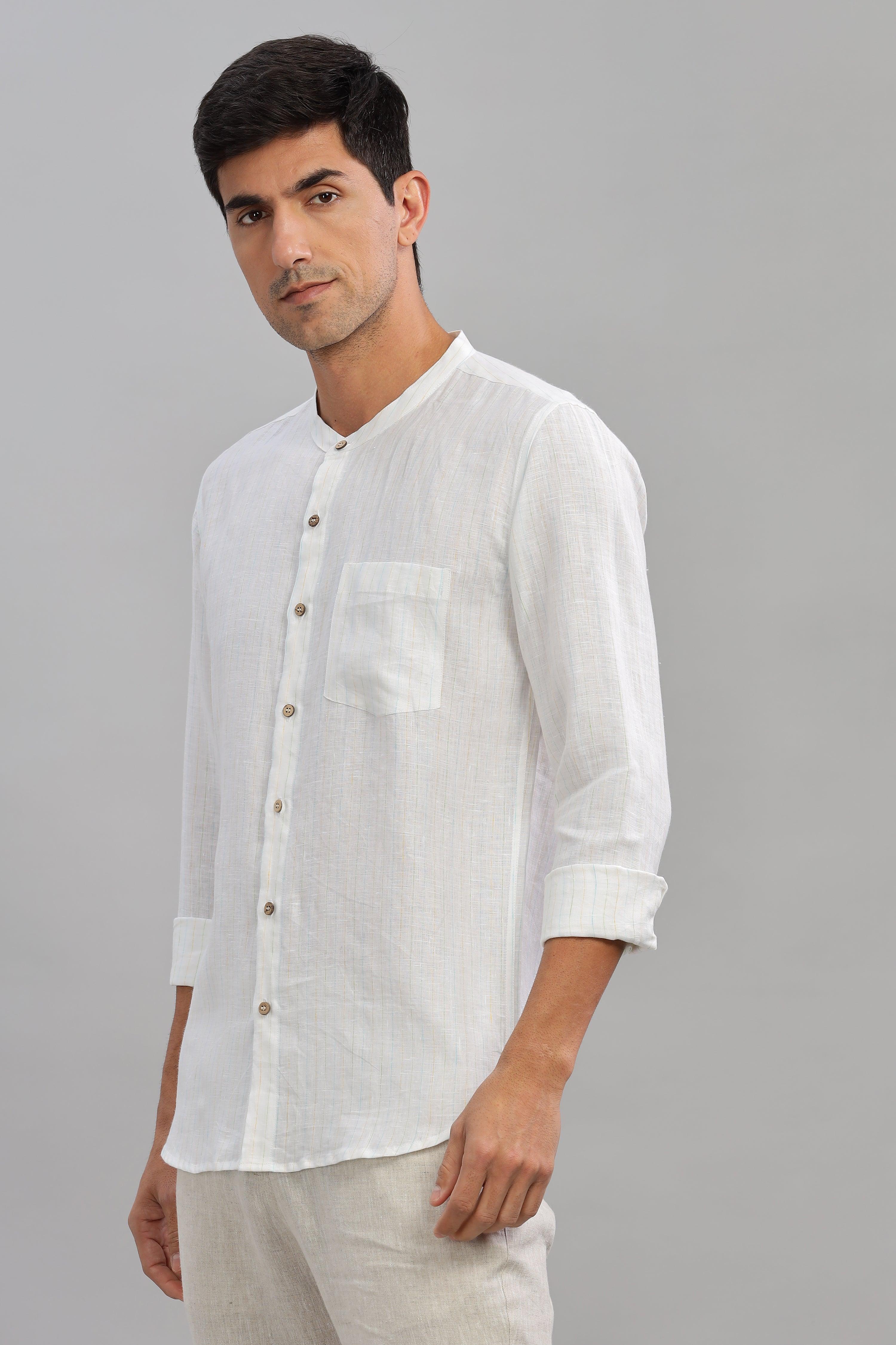 HAN - Pure Linen Mandarin Collar White Shirt