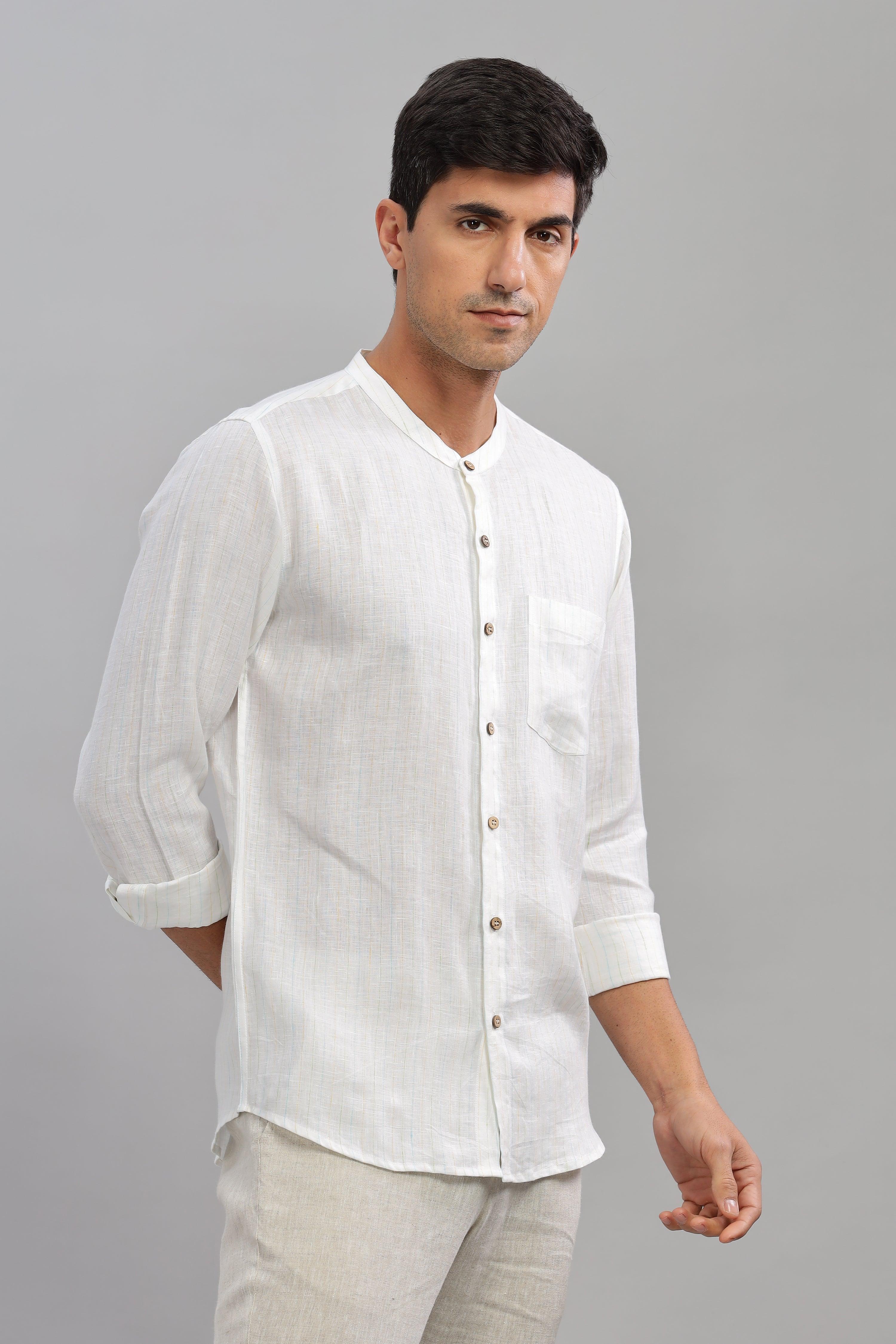 HAN - Pure Linen Mandarin Collar White Shirt
