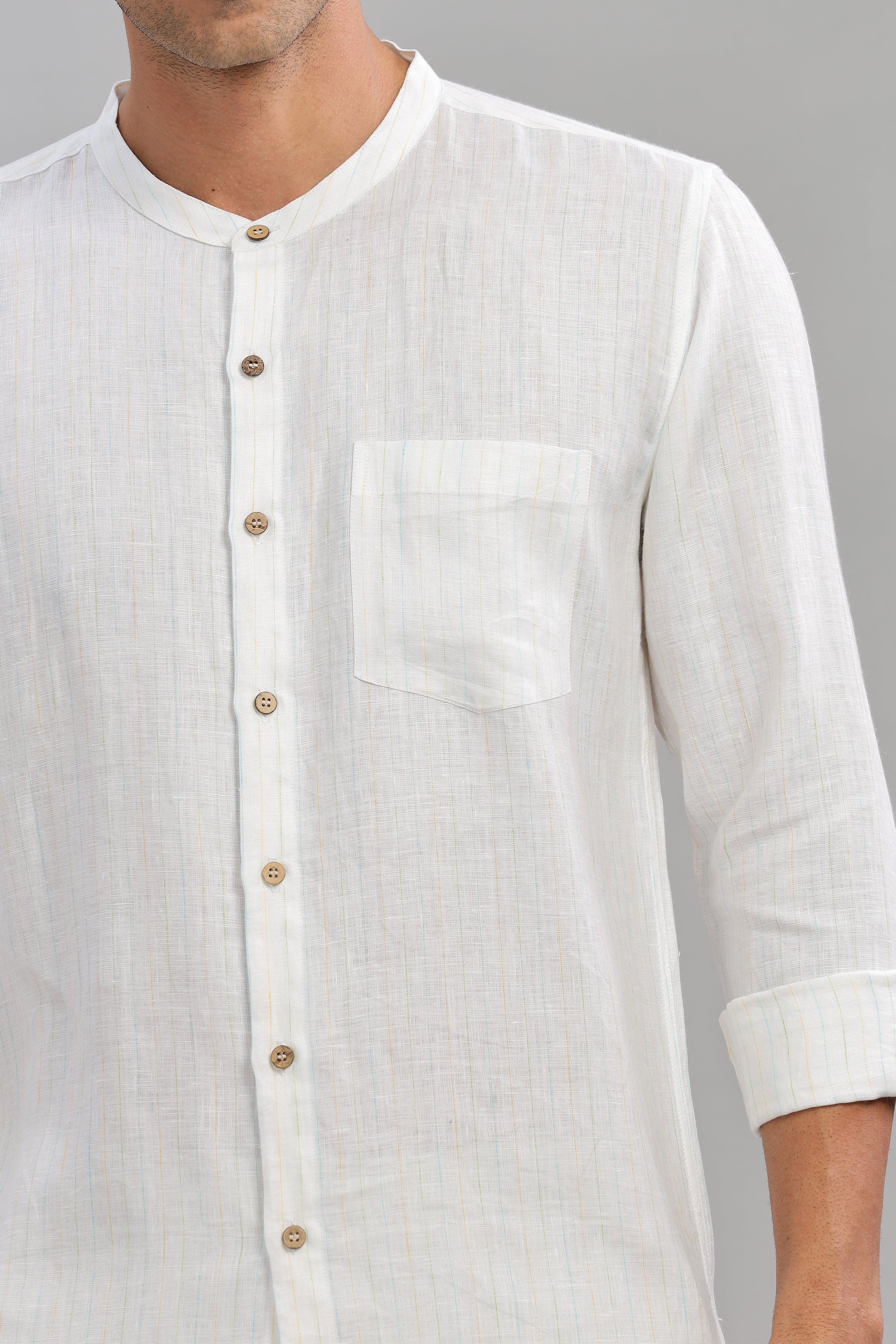 HAN - Pure Linen Mandarin Collar White Shirt
