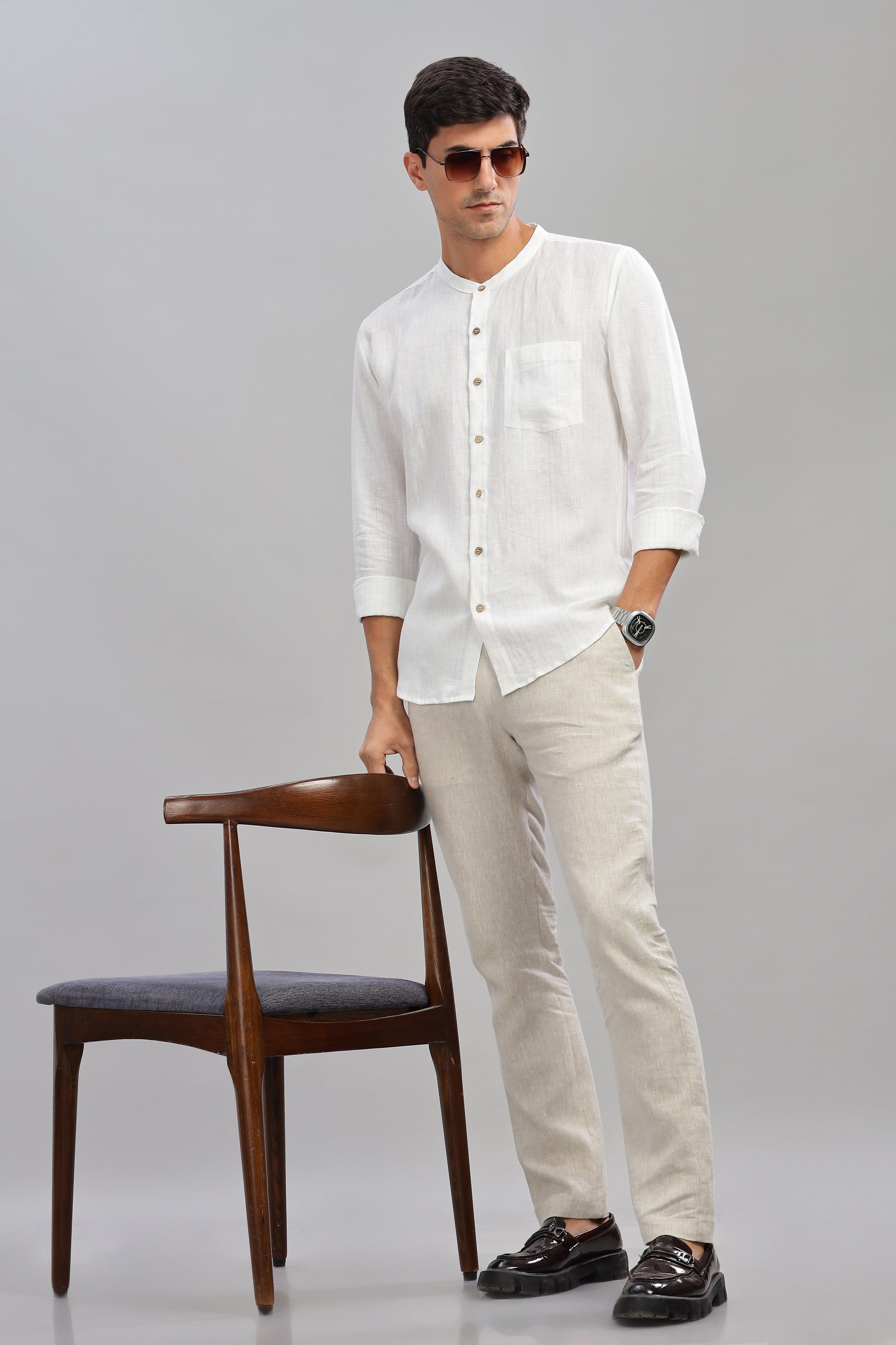 HAN - Pure Linen Mandarin Collar White Shirt