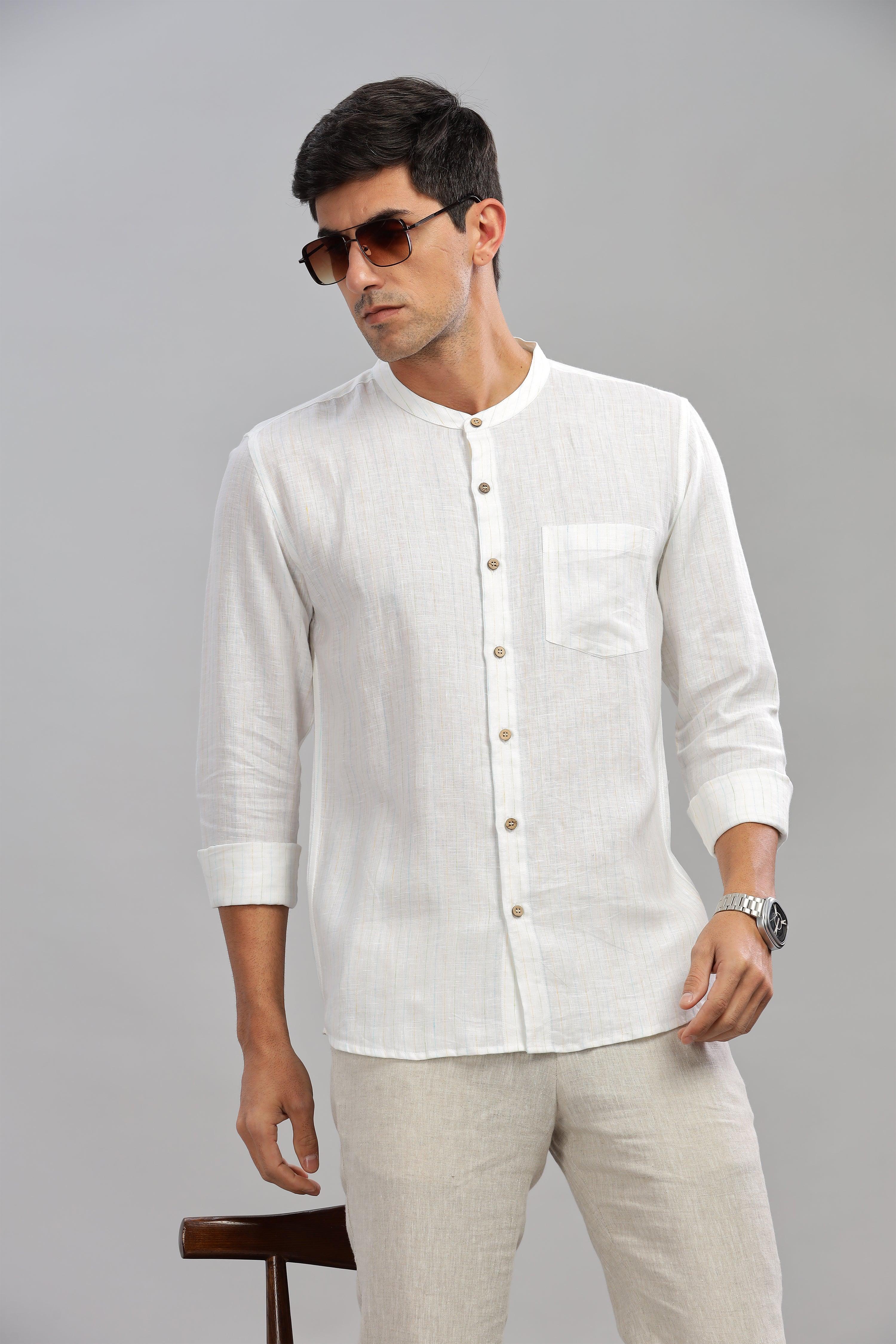 HAN - Pure Linen Mandarin Collar White Shirt