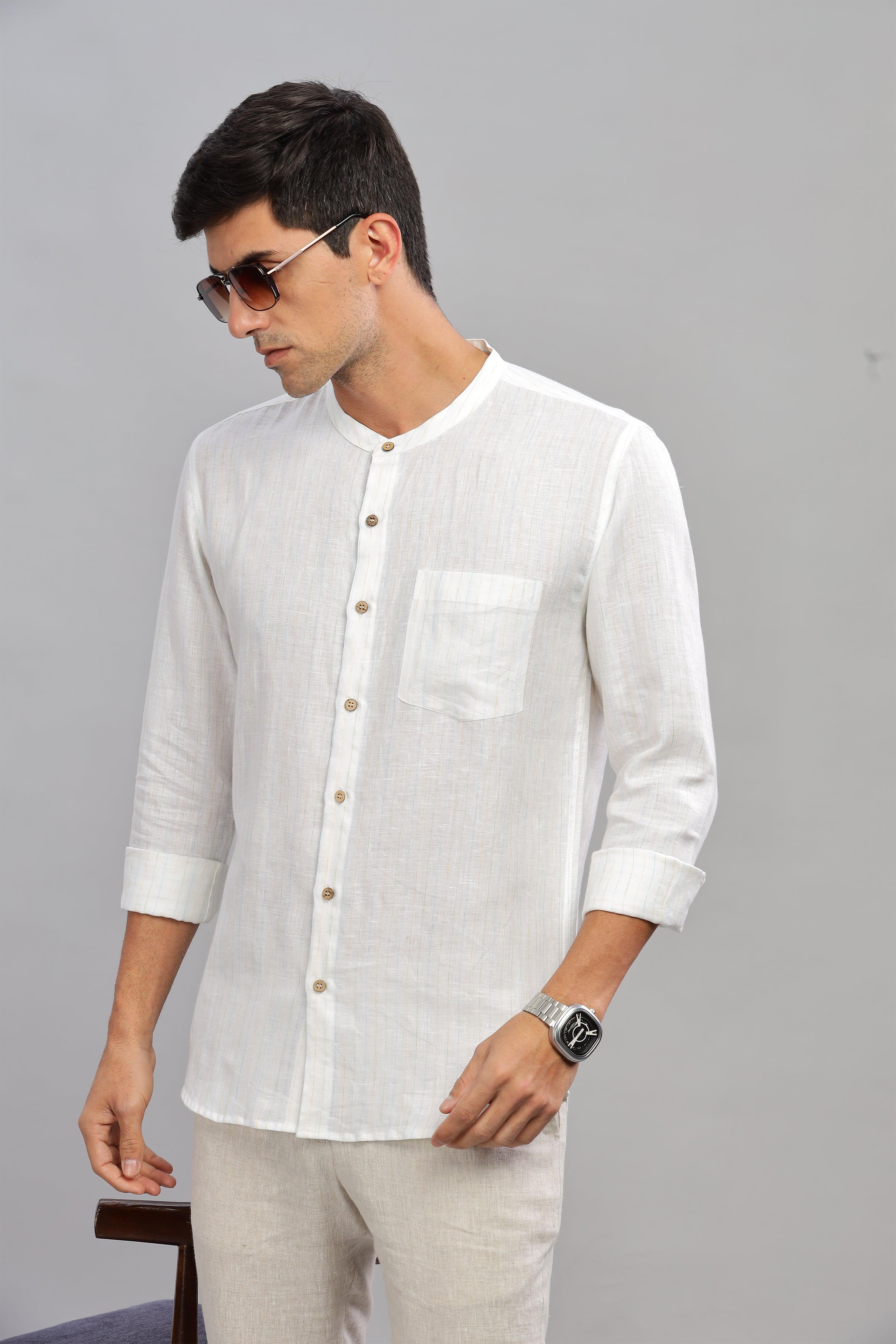 HAN - Pure Linen Mandarin Collar White Shirt
