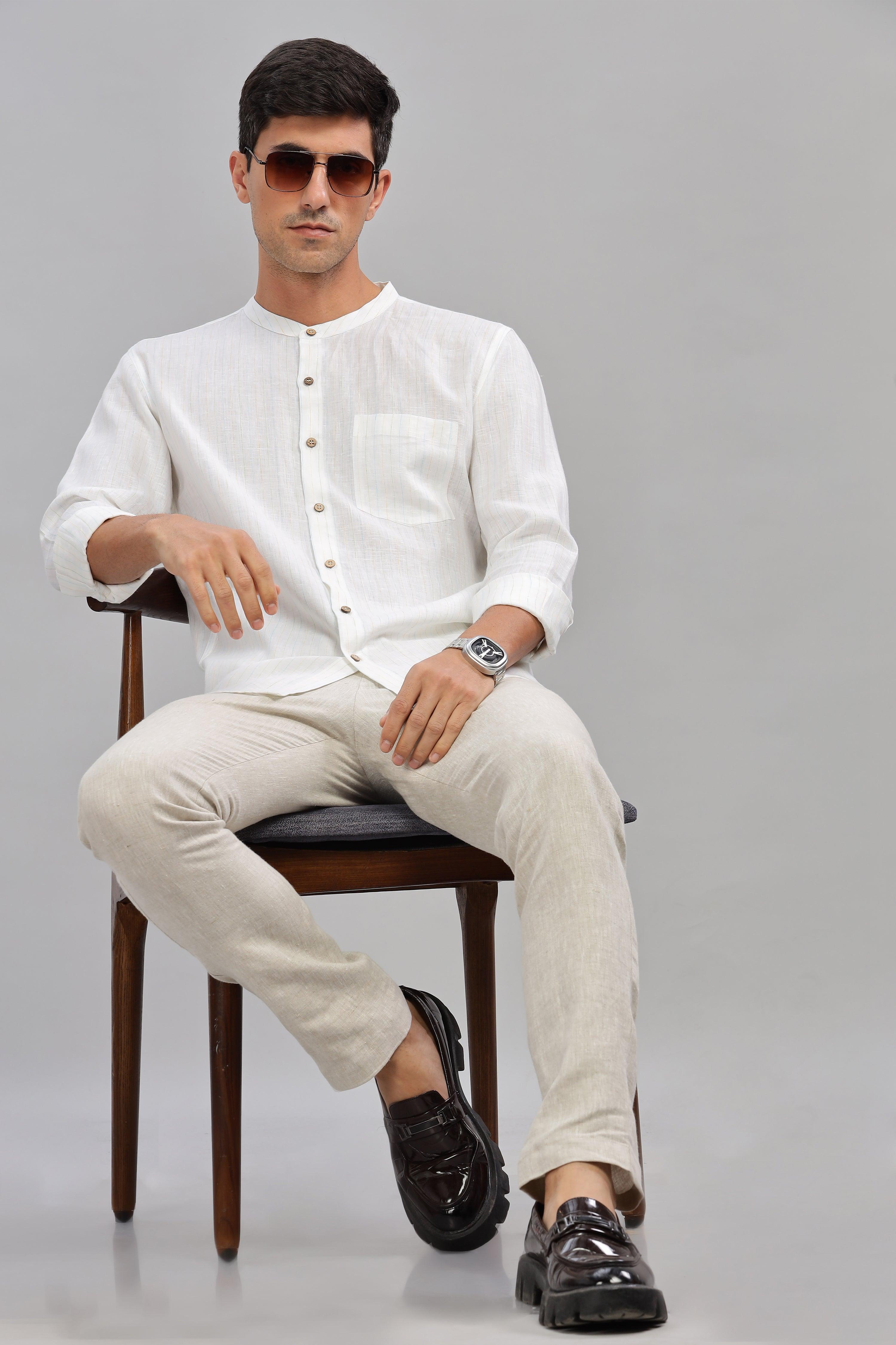 HAN - Pure Linen Mandarin Collar White Shirt