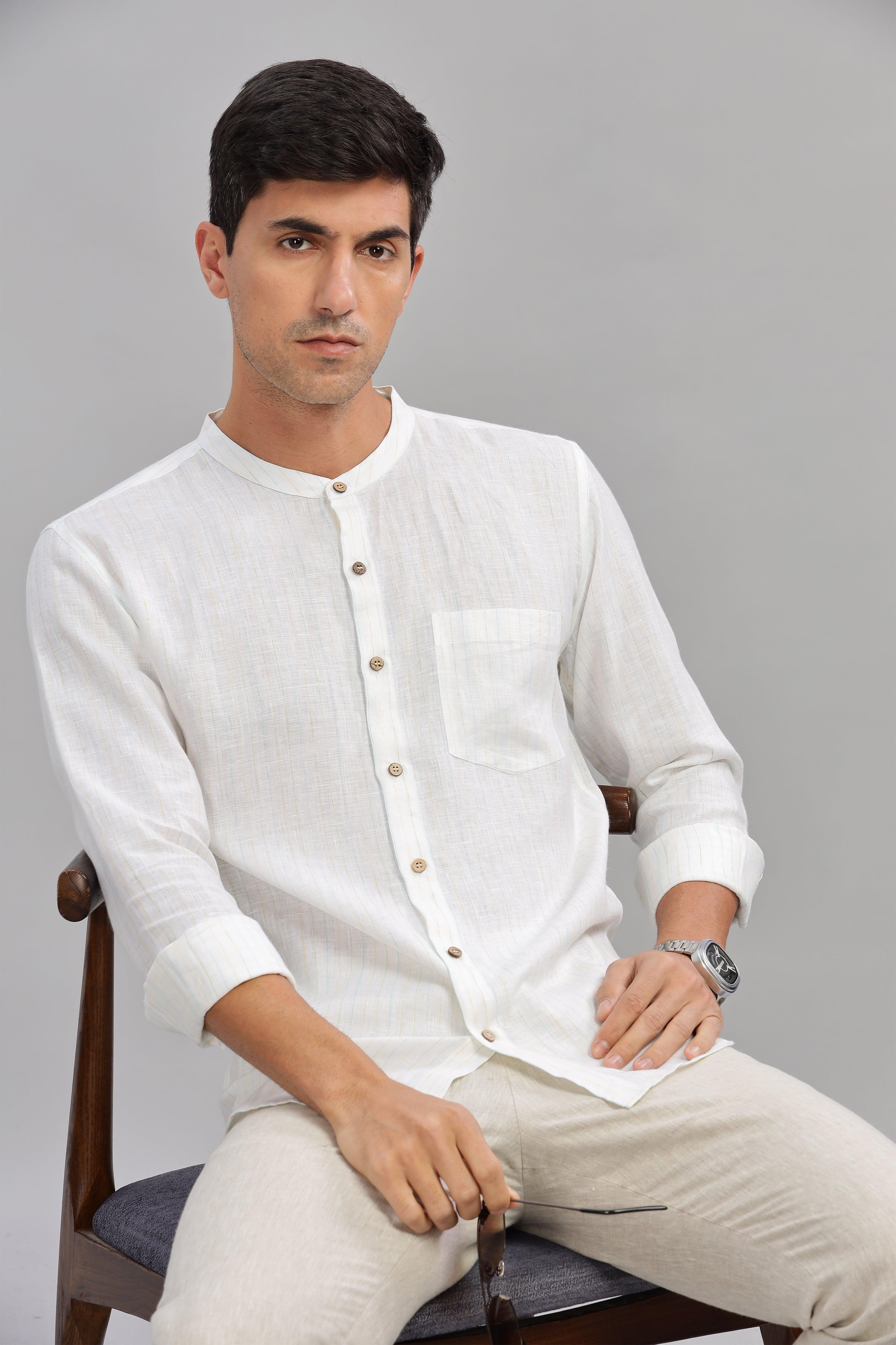 HAN - Pure Linen Mandarin Collar White Shirt
