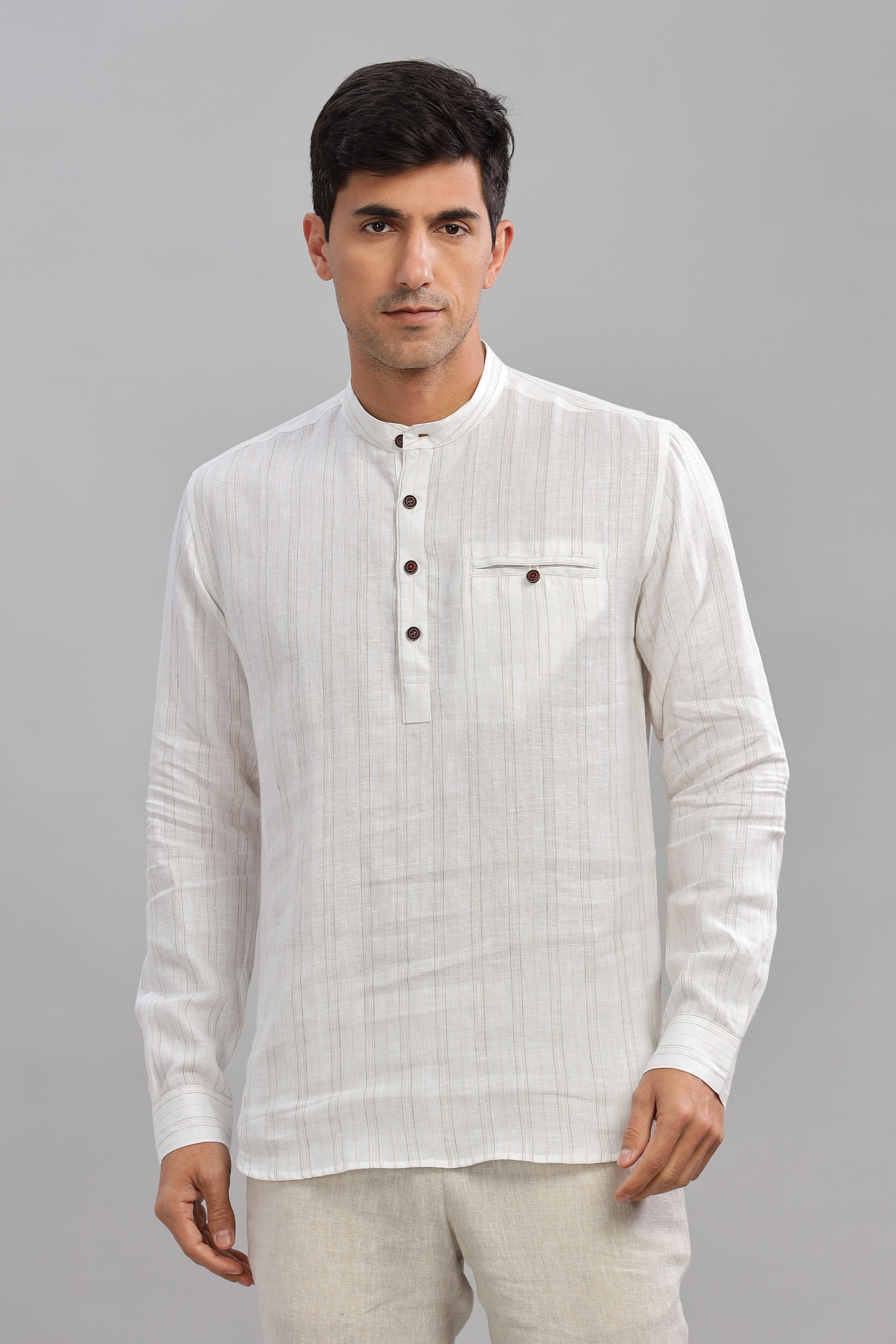 NILE Long Sleeves - 100% Pure Linen Half Placket Grey Yellow stripes Shirt