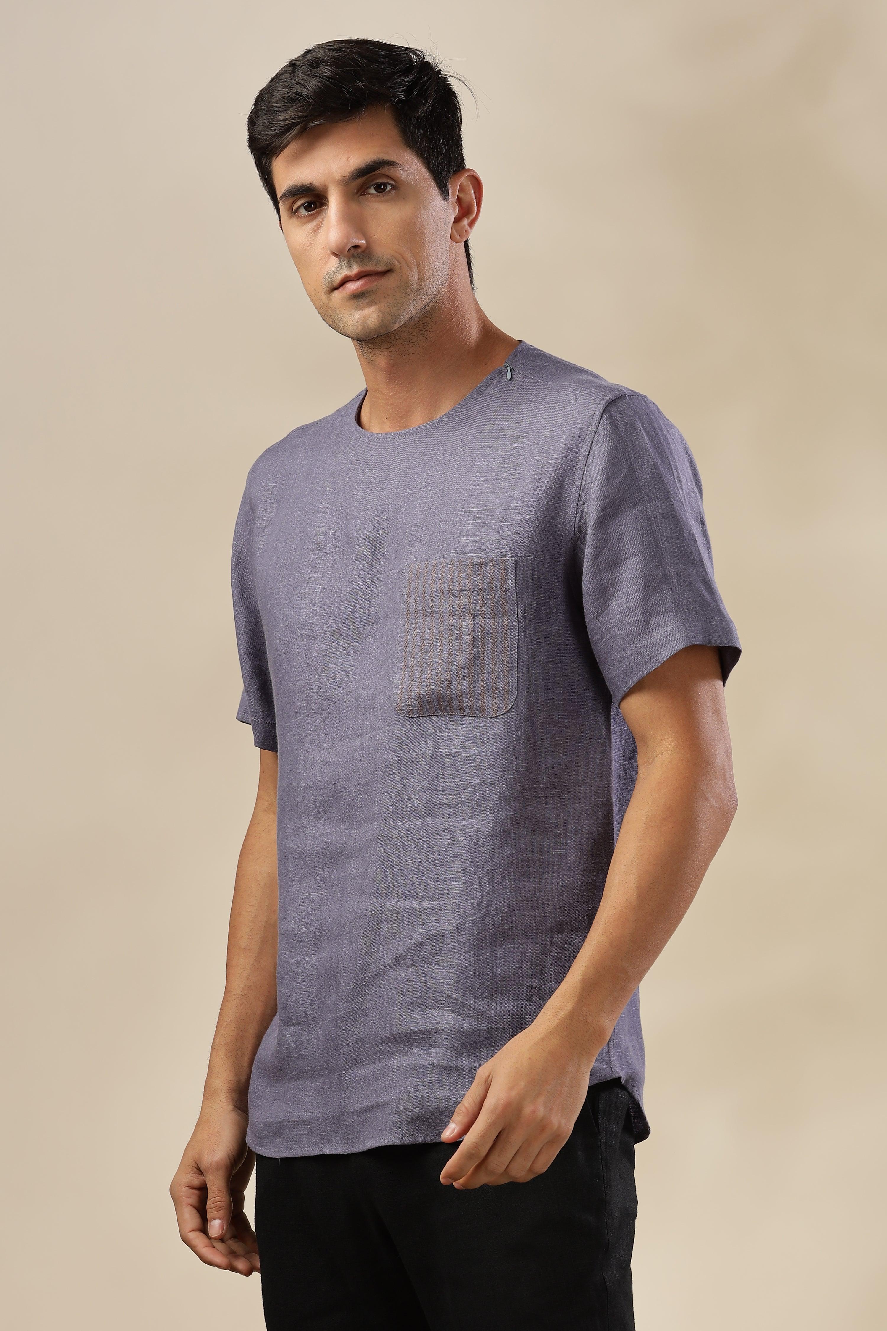 ALAN - Pure French Linen Pitch Blue T-Shirt