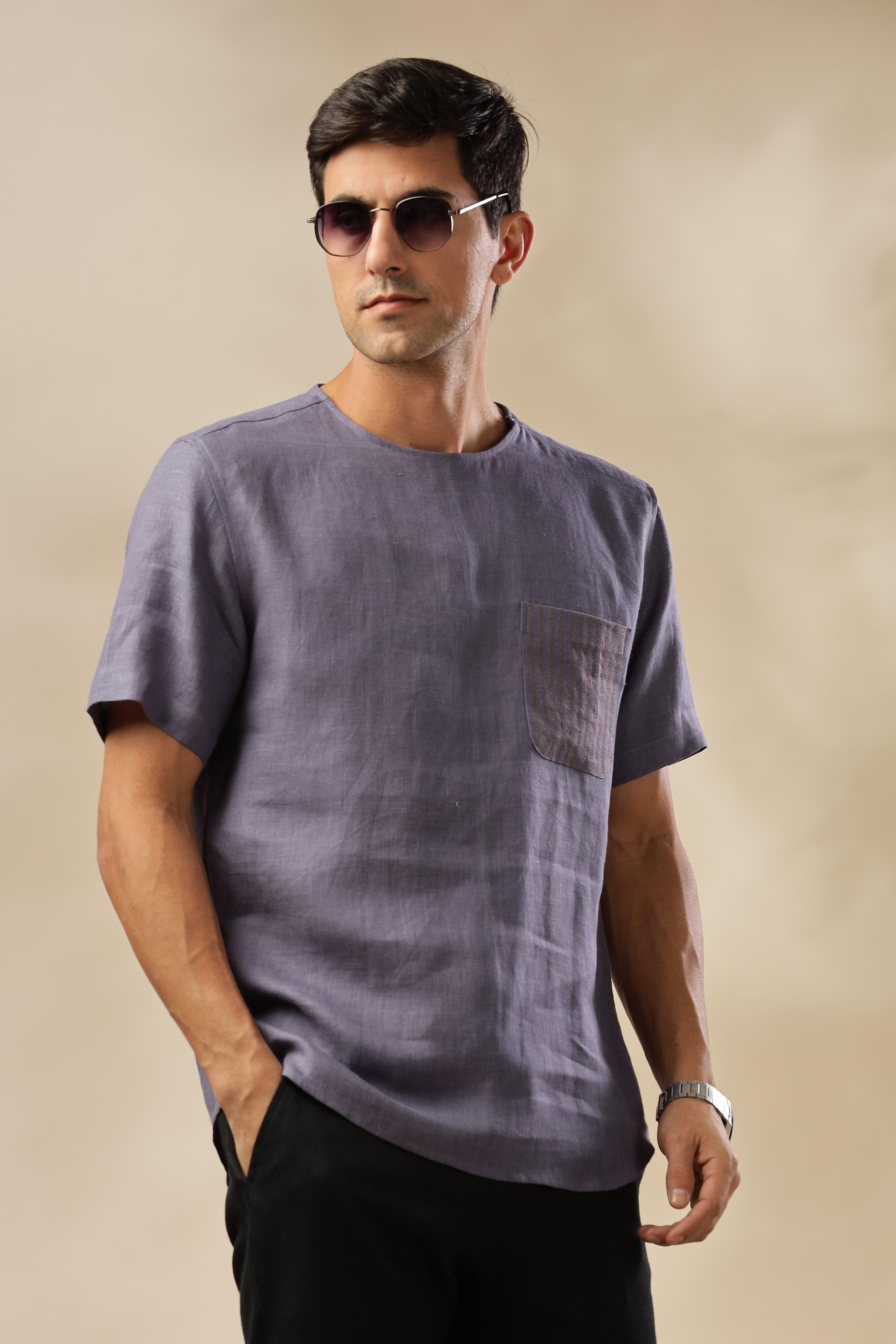 ALAN - Pure French Linen Pitch Blue T-Shirt