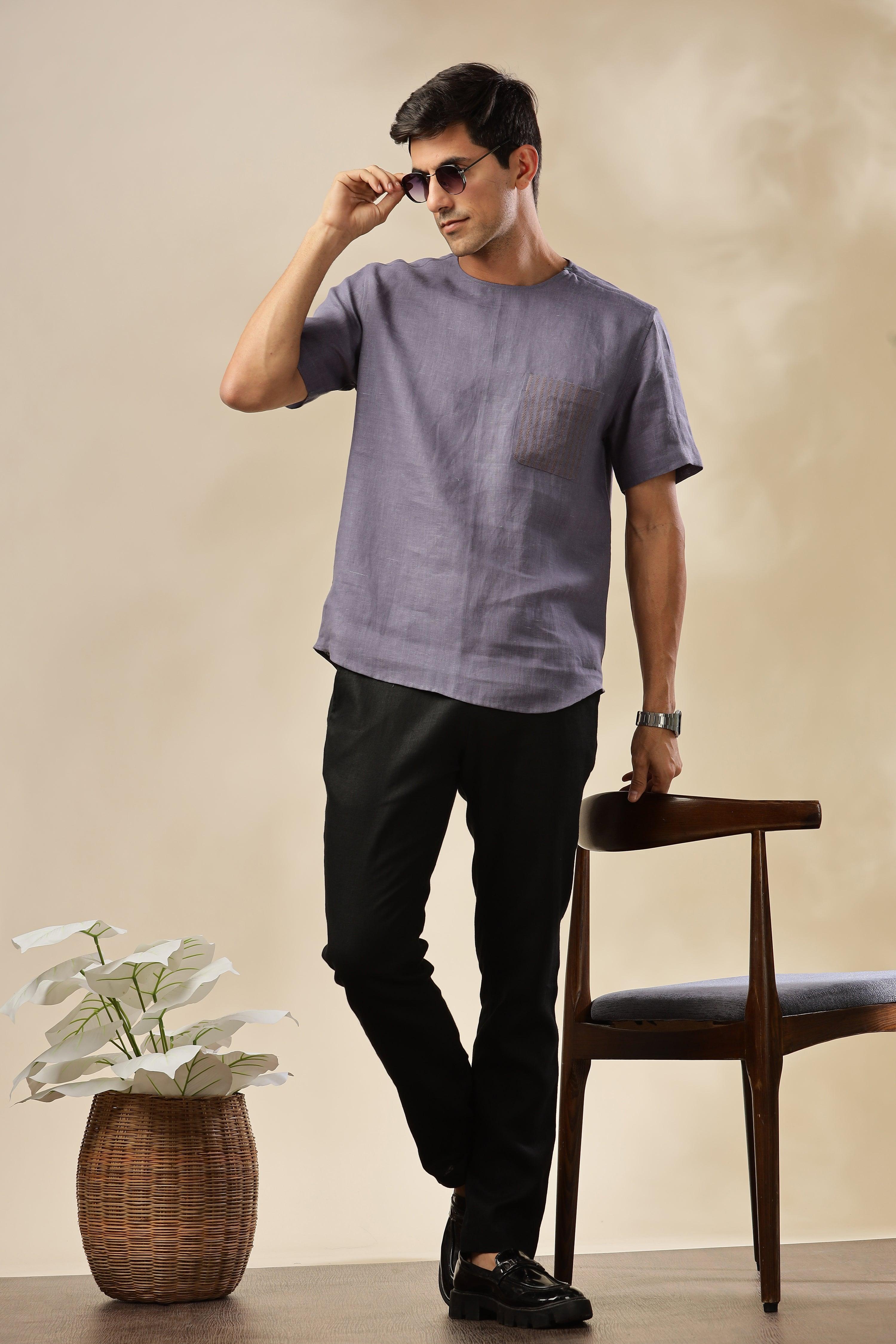 ALAN - Pure French Linen Pitch Blue T-Shirt