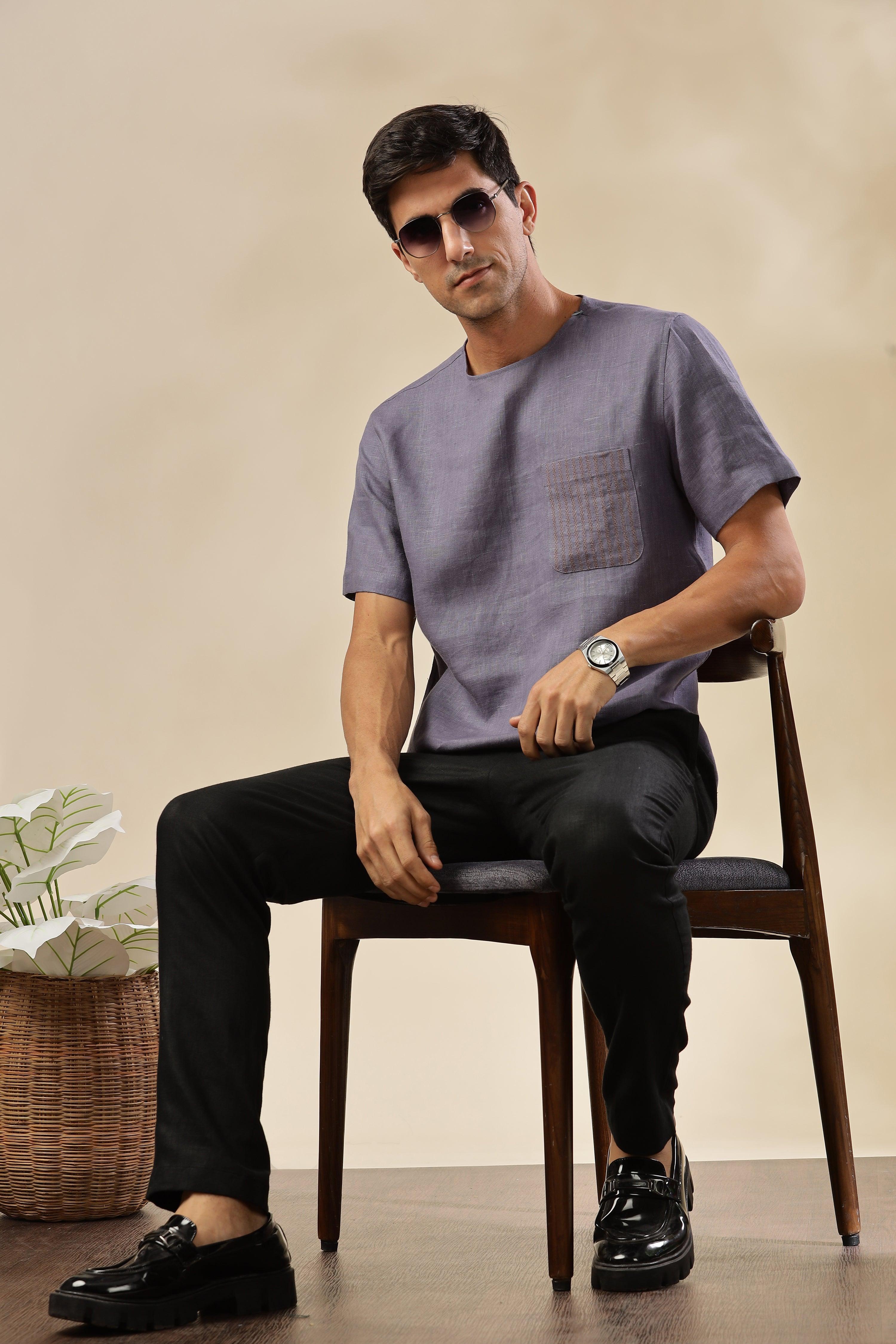 ALAN - Pure French Linen Pitch Blue T-Shirt