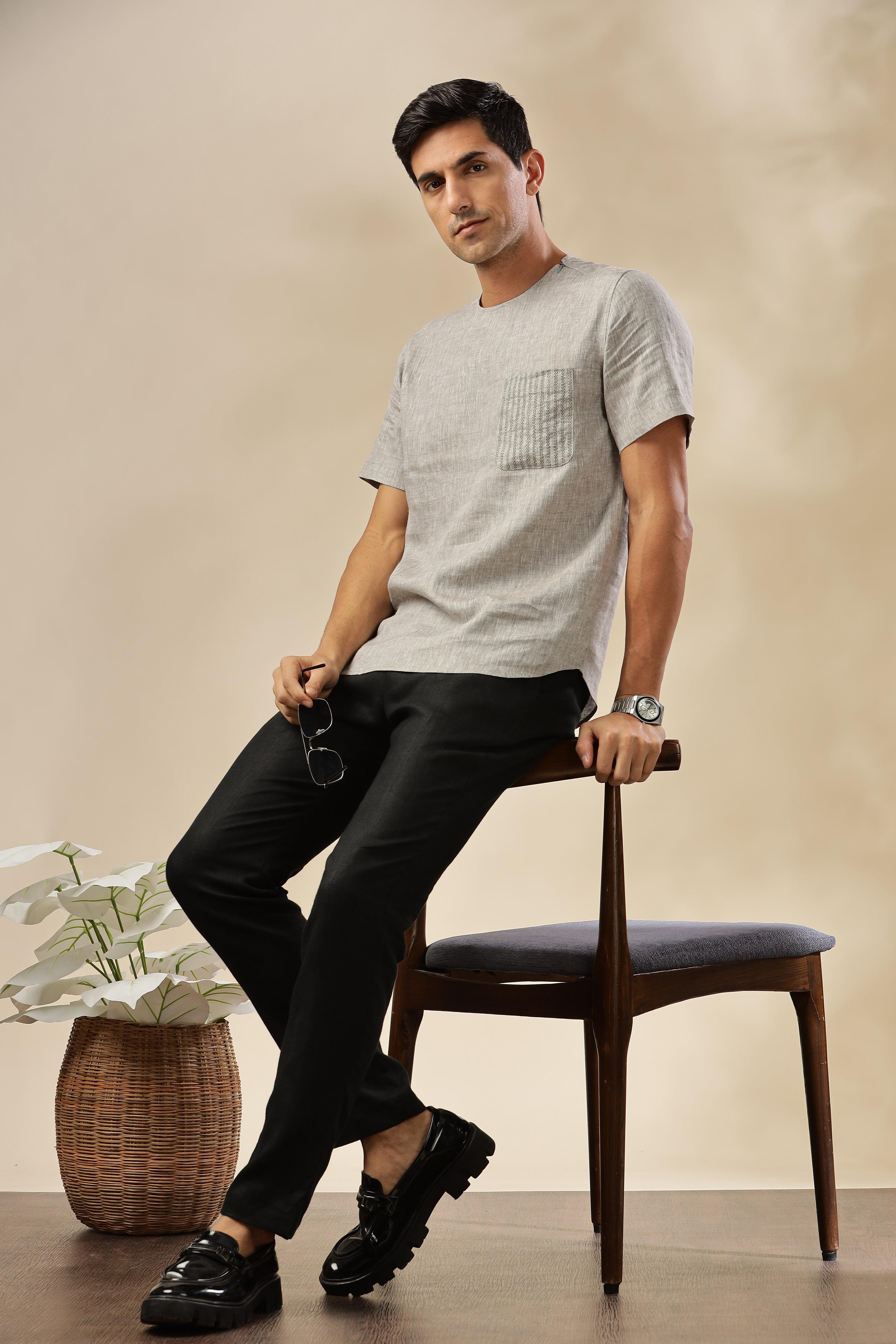 ALAN - Pure French Linen Dark Grey Chambray T-Shirt