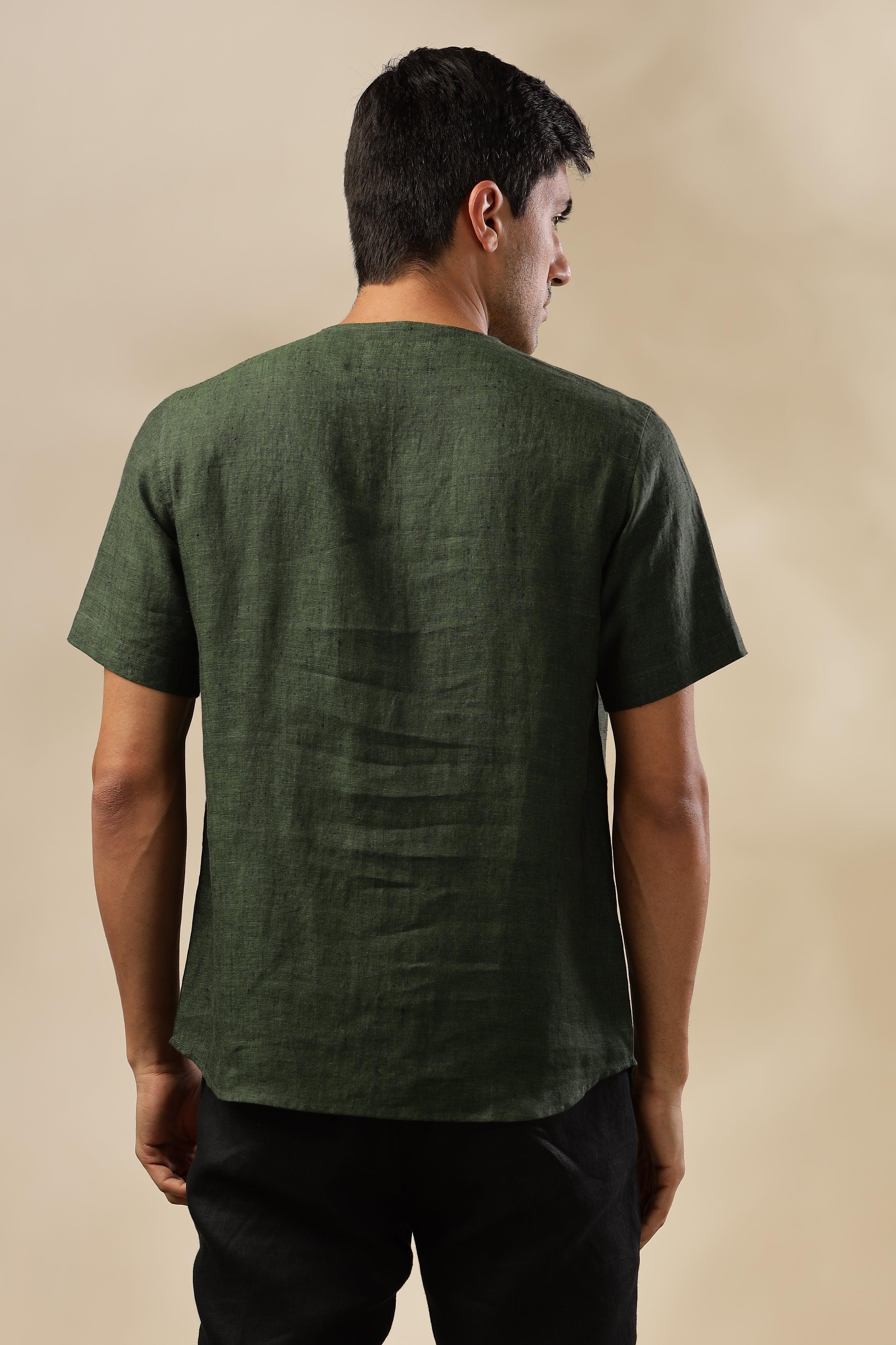 ALAN - Pure French Linen Dark Green Chambray T-Shirt