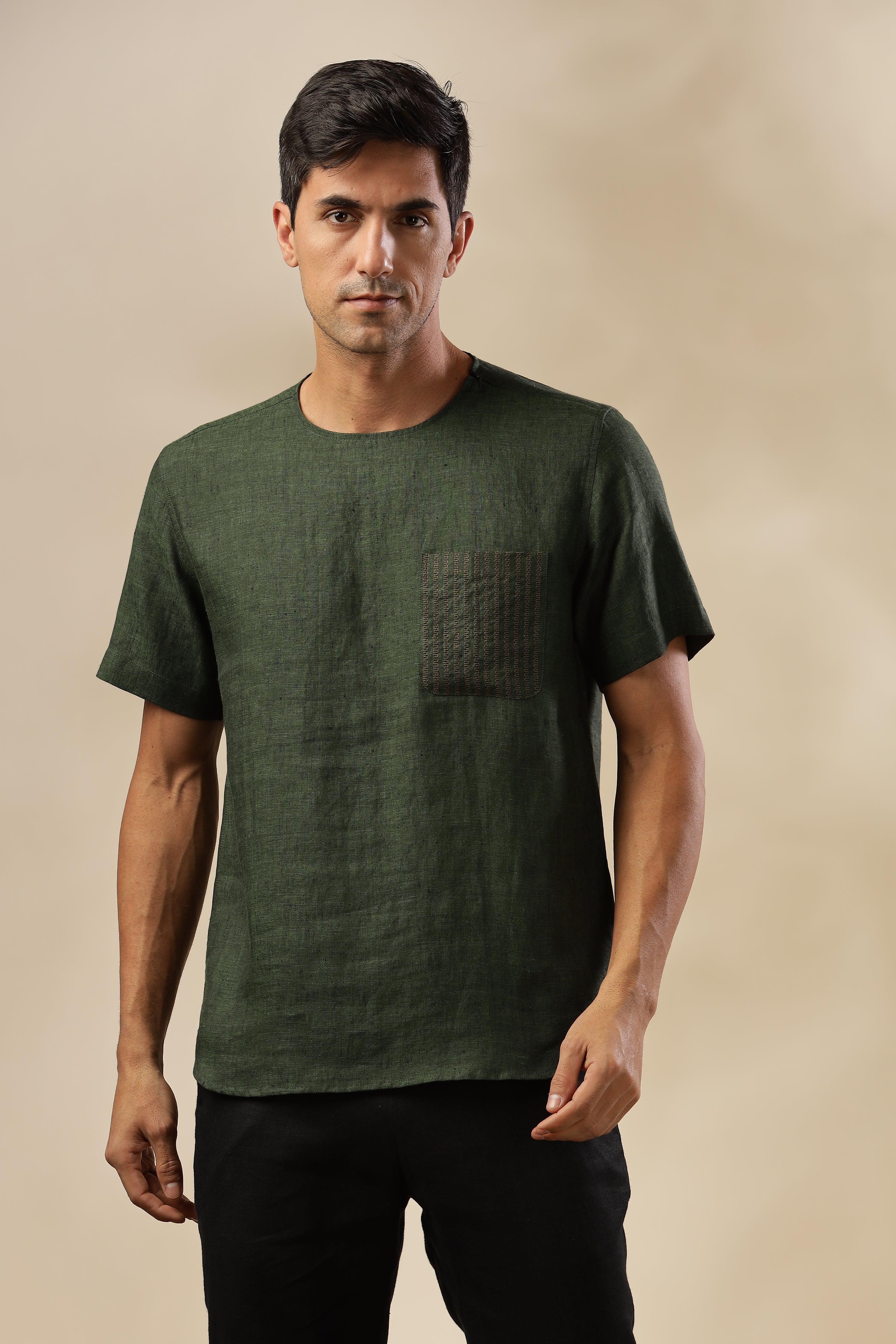 ALAN - Pure French Linen Dark Green Chambray T-Shirt