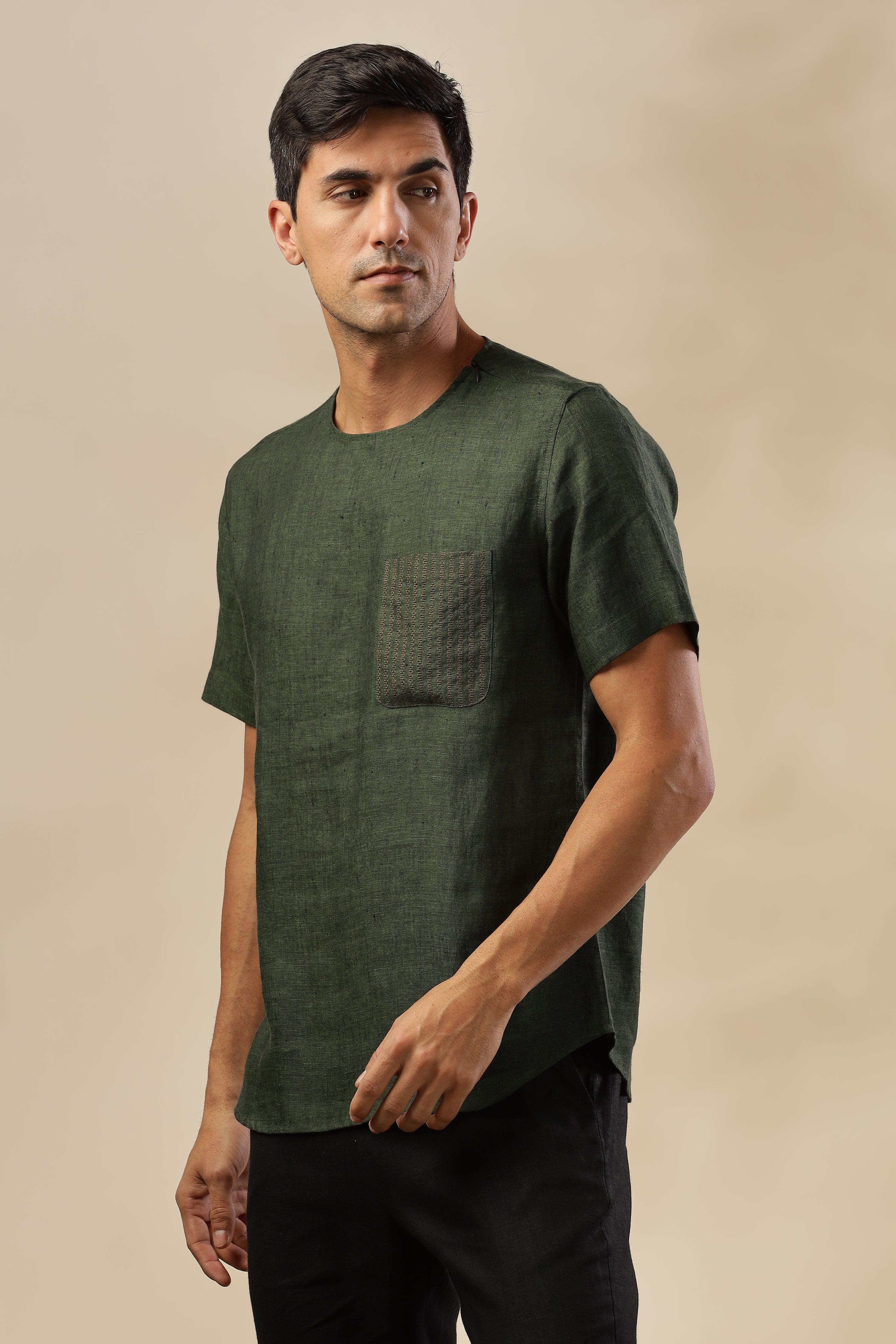 ALAN - Pure French Linen Dark Green Chambray T-Shirt
