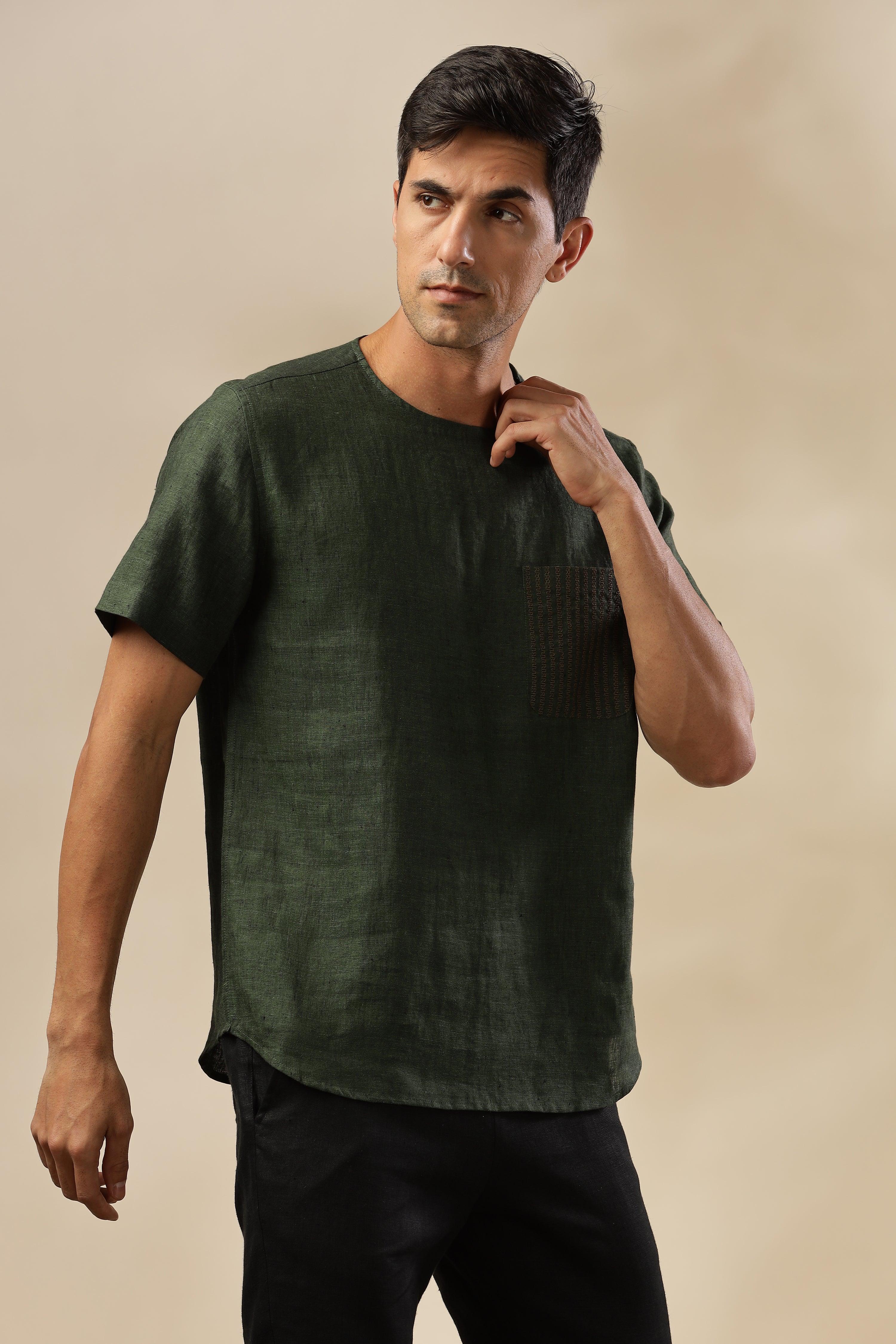 ALAN - Pure French Linen Dark Green Chambray T-Shirt