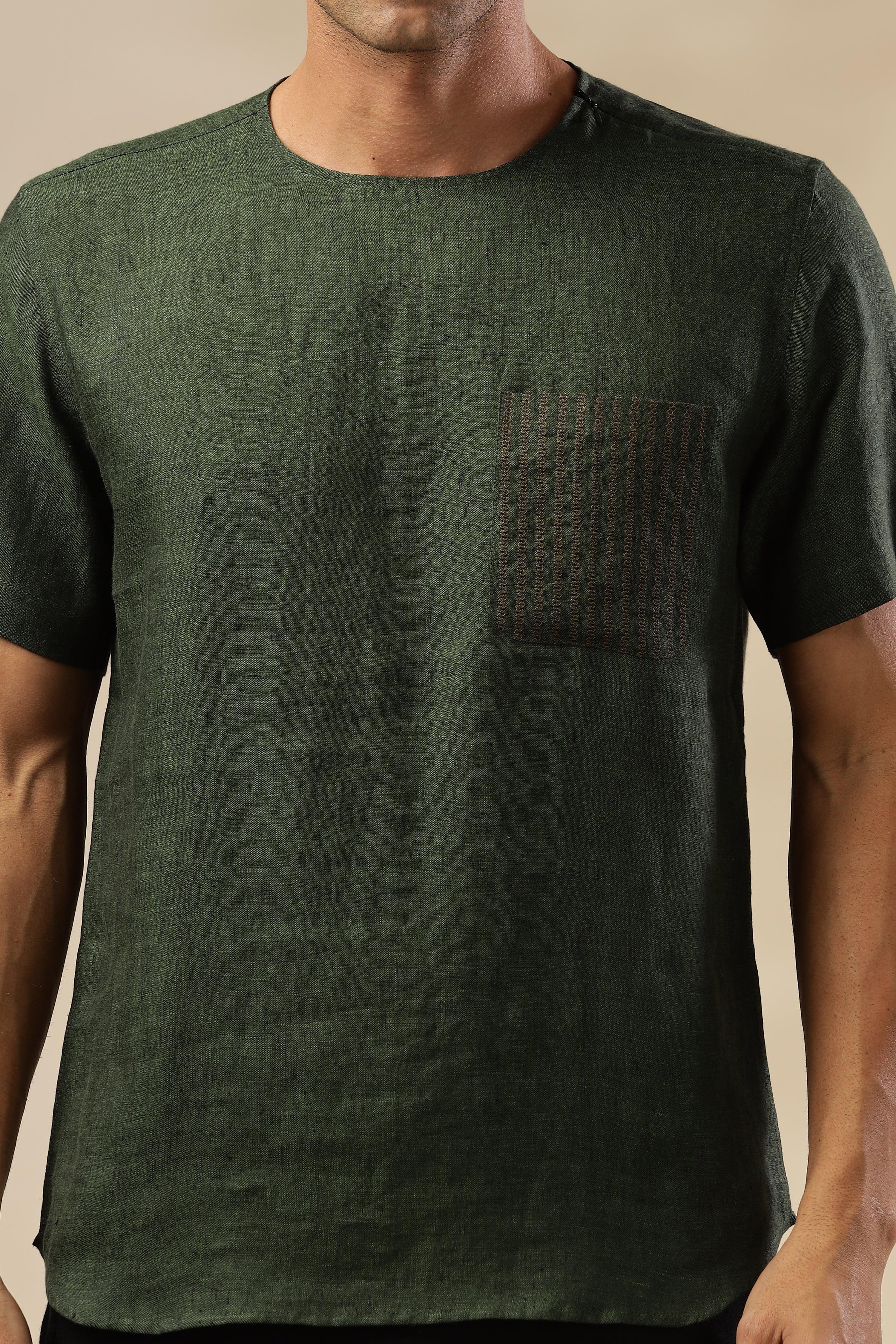 ALAN - Pure French Linen Dark Green Chambray T-Shirt