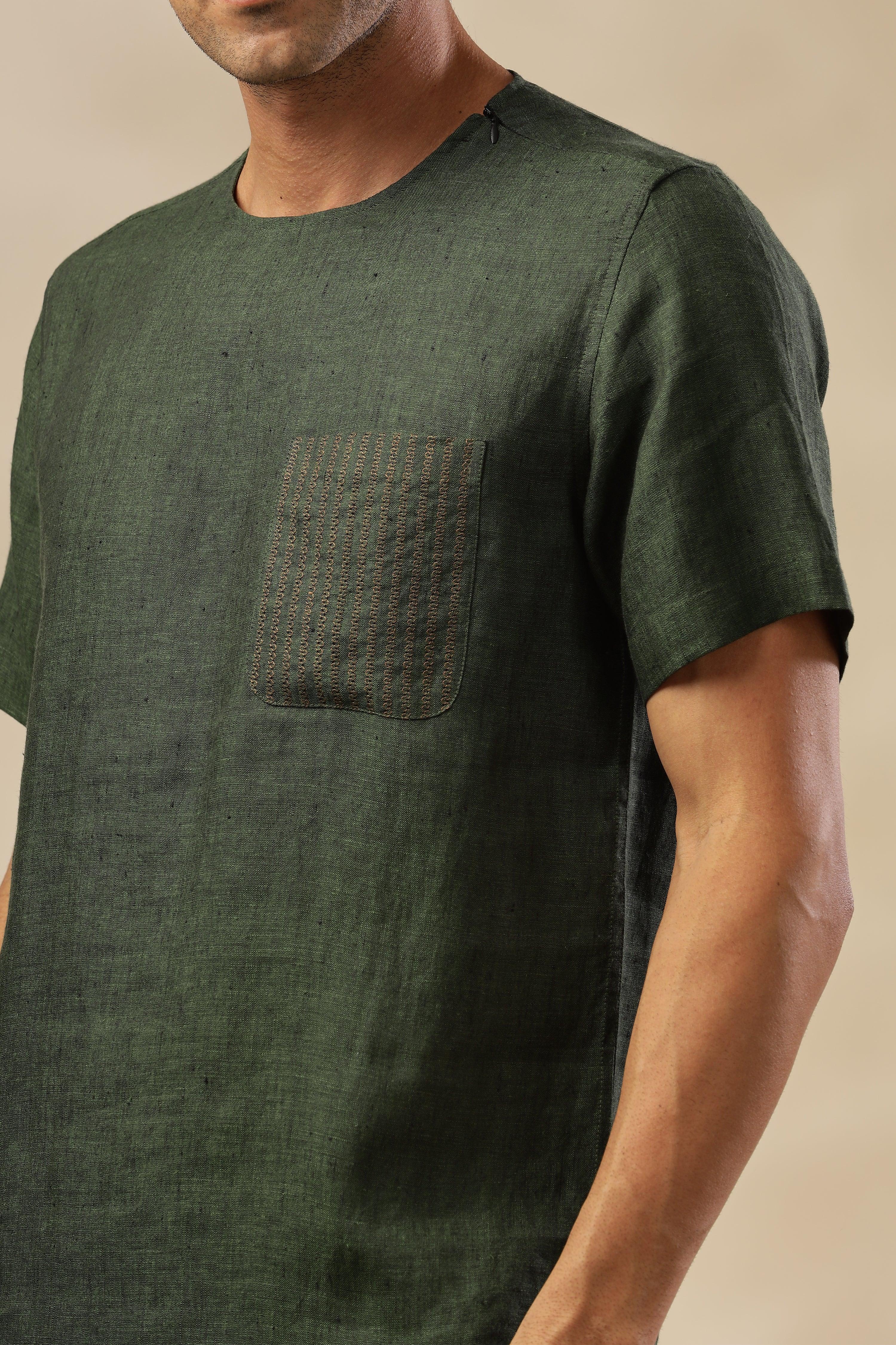 ALAN - Pure French Linen Dark Green Chambray T-Shirt
