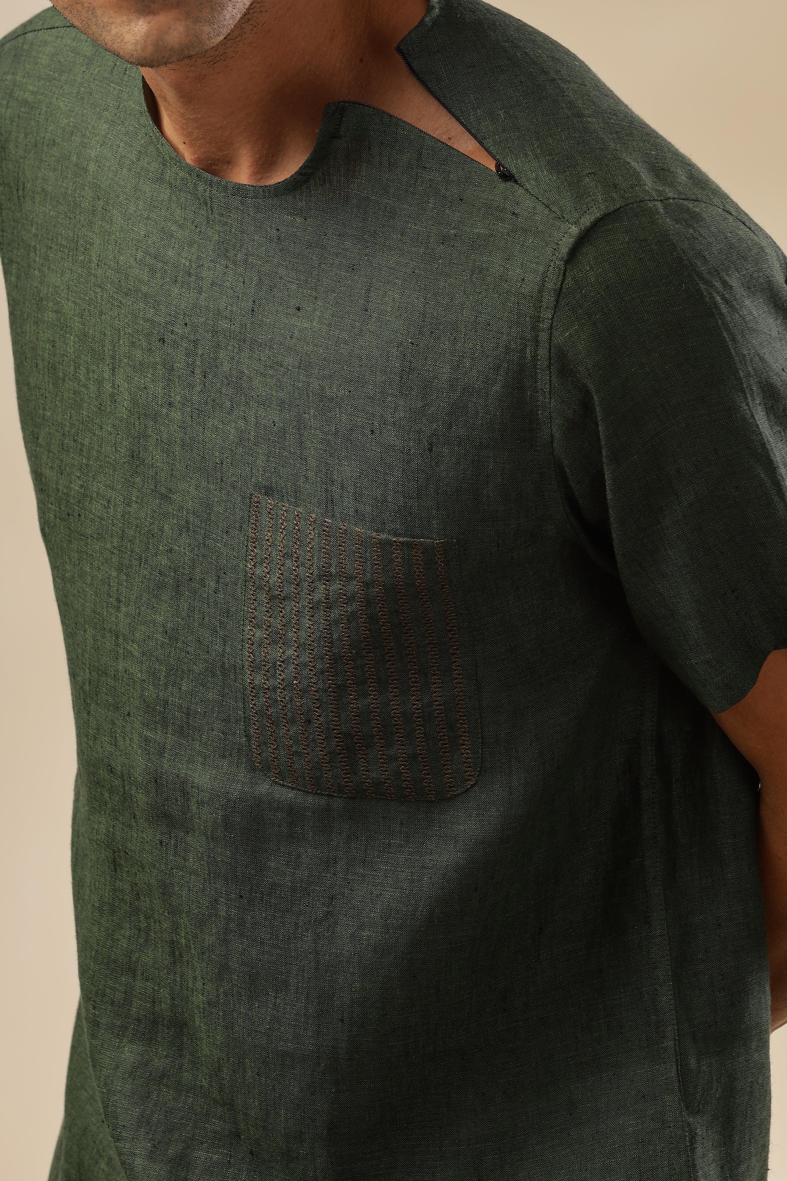 ALAN - Pure French Linen Dark Green Chambray T-Shirt