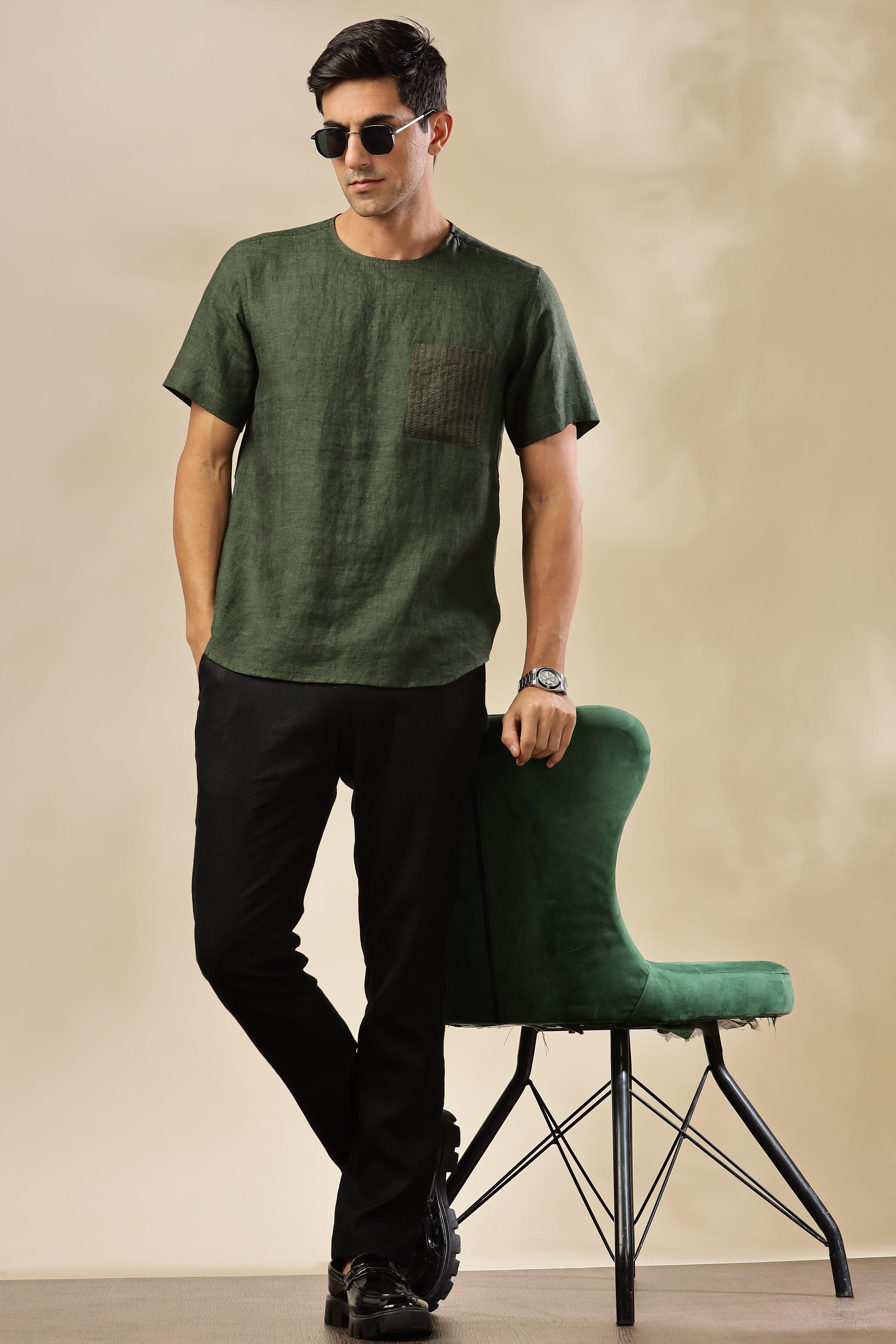 ALAN - Pure French Linen Dark Green Chambray T-Shirt