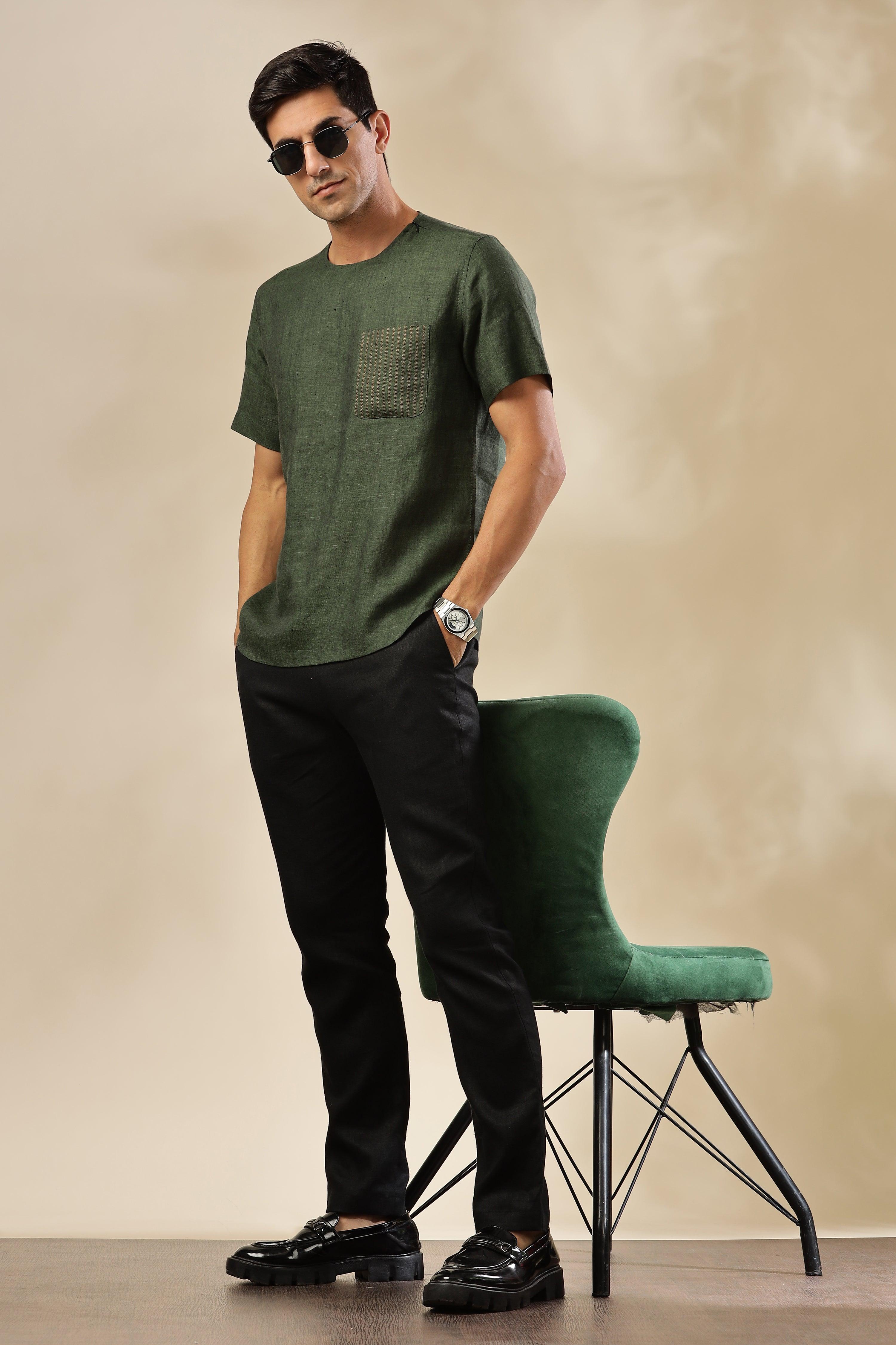 ALAN - Pure French Linen Dark Green Chambray T-Shirt