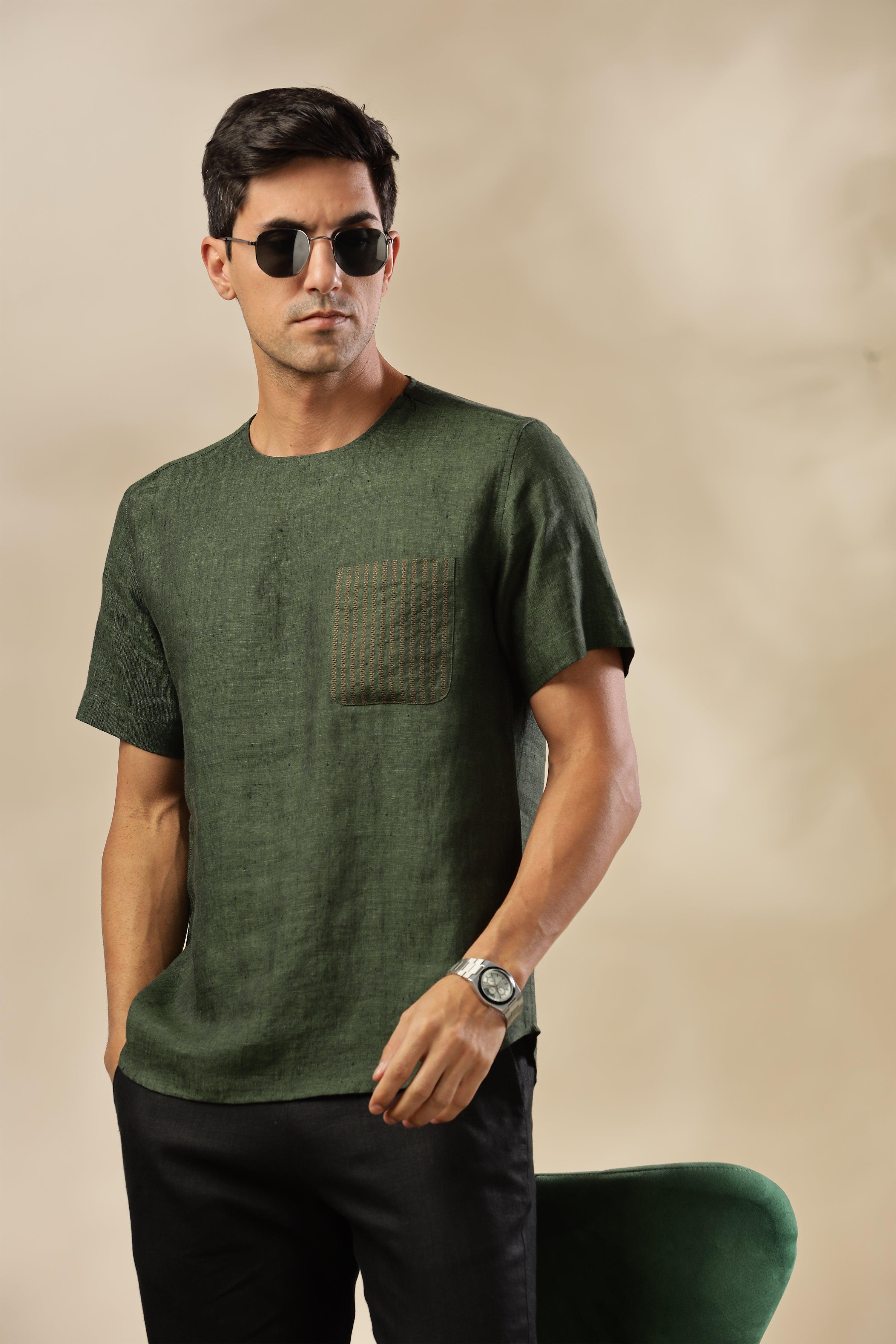 ALAN - Pure French Linen Dark Green Chambray T-Shirt