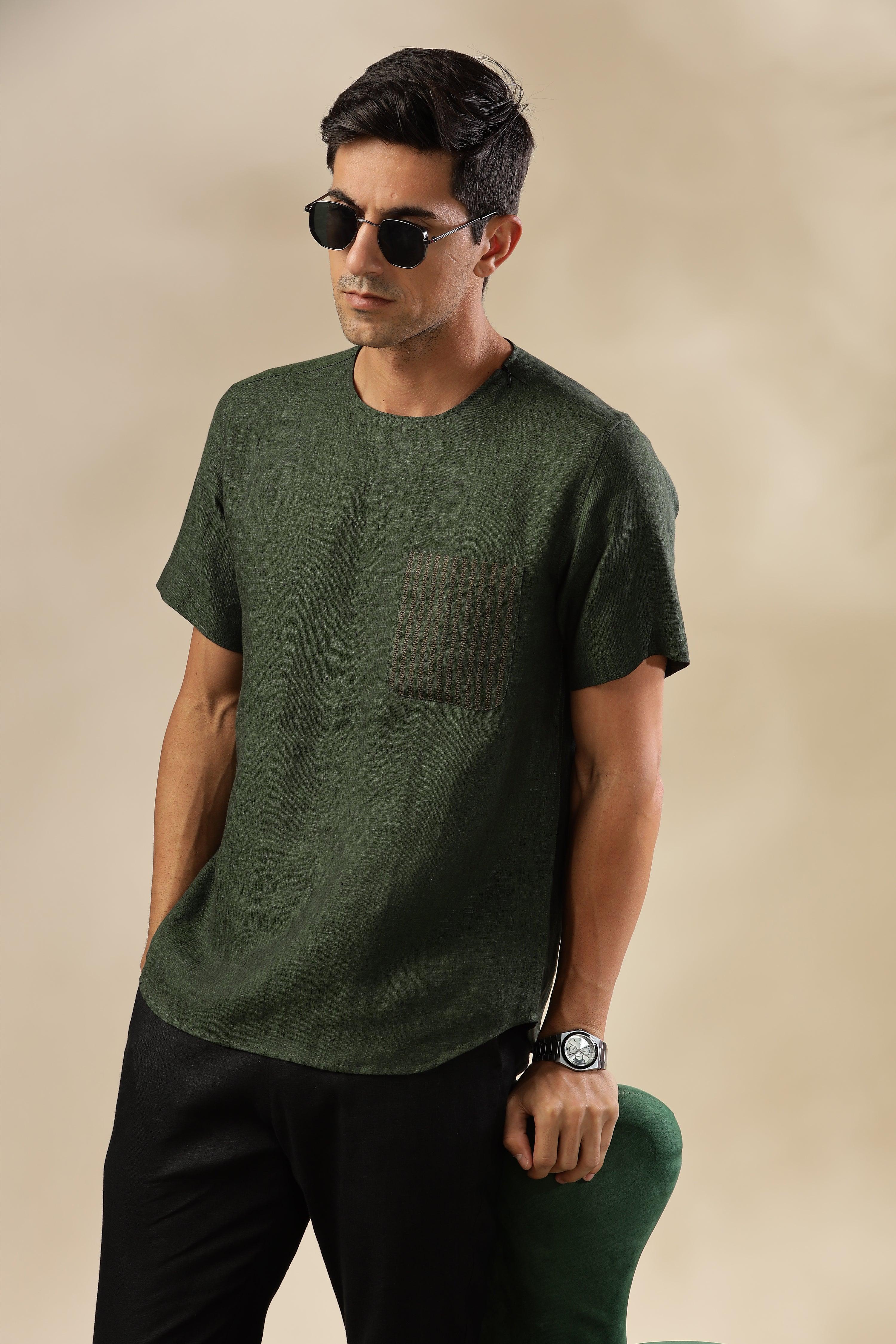 ALAN - Pure French Linen Dark Green Chambray T-Shirt