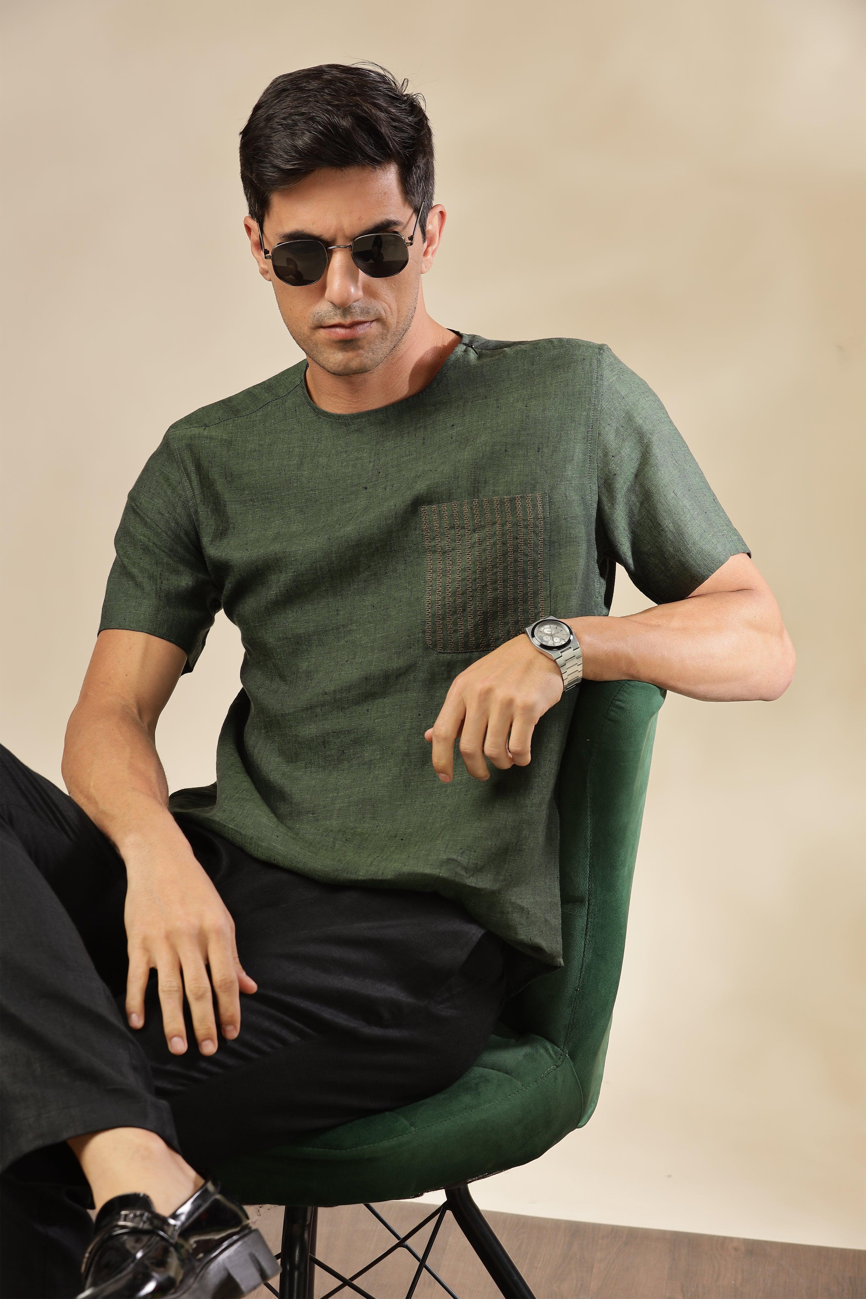 ALAN - Pure French Linen Dark Green Chambray T-Shirt