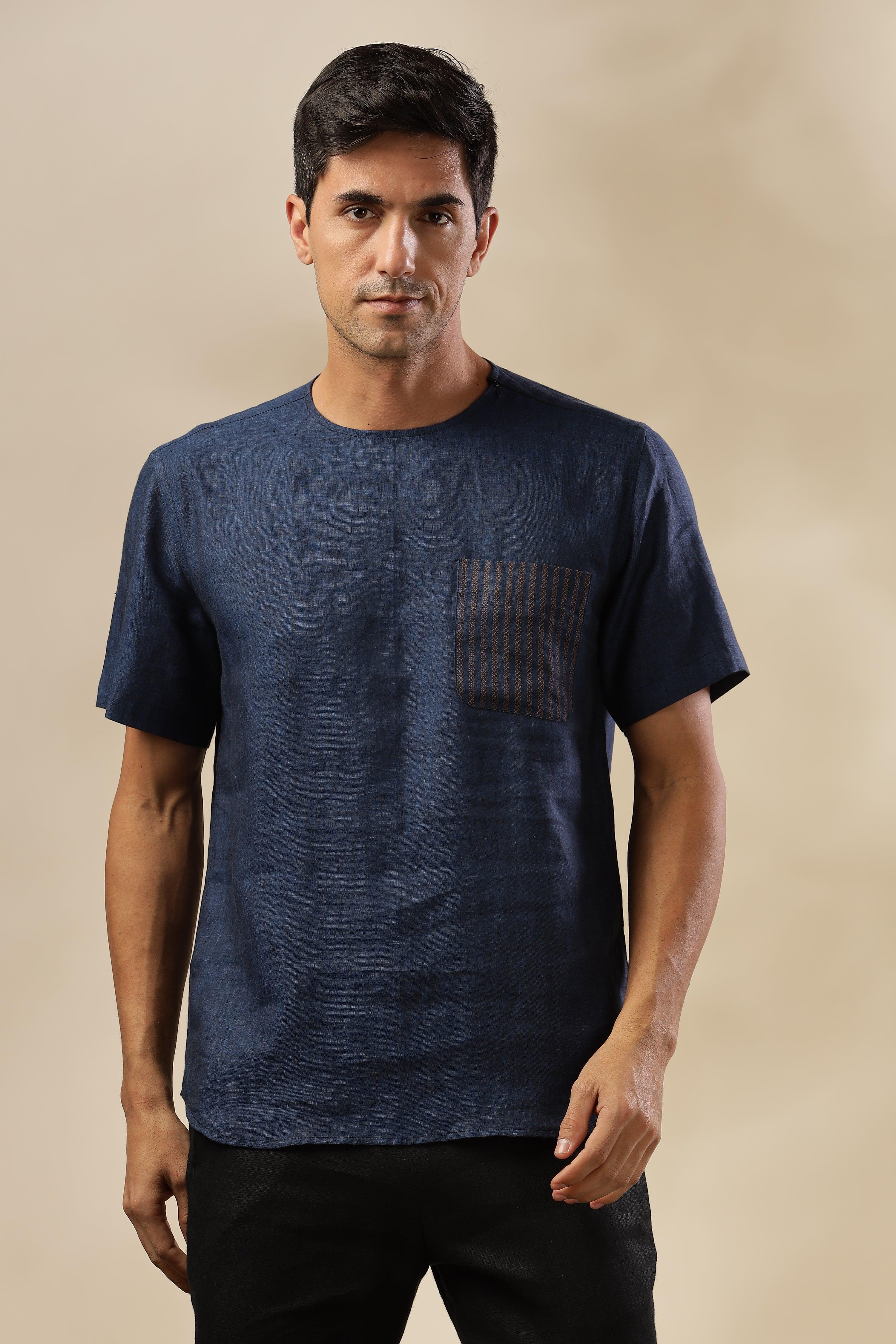 ALAN - Pure French Linen Dark Blue Chambray T-Shirt