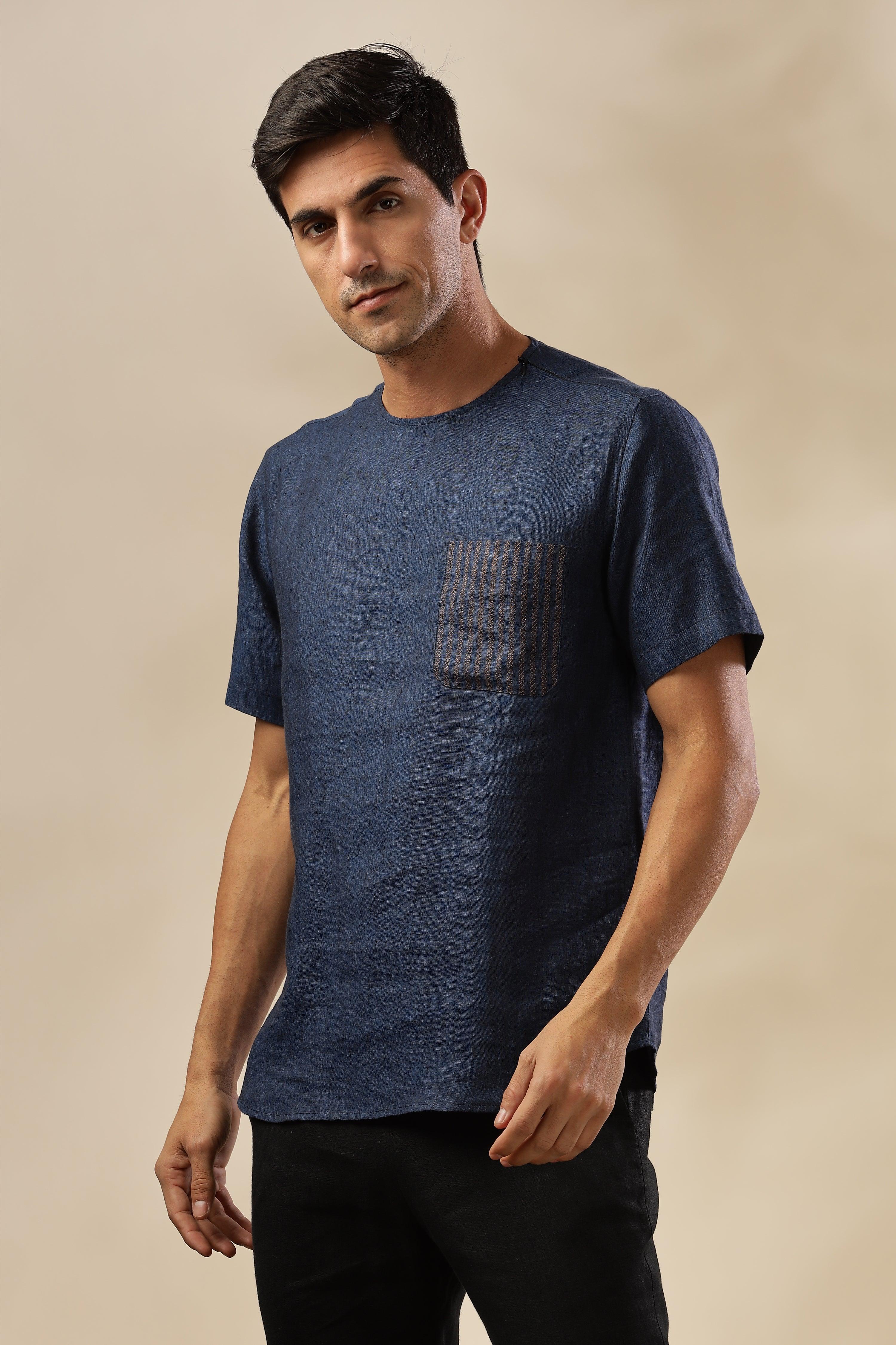 ALAN - Pure French Linen Dark Blue Chambray T-Shirt