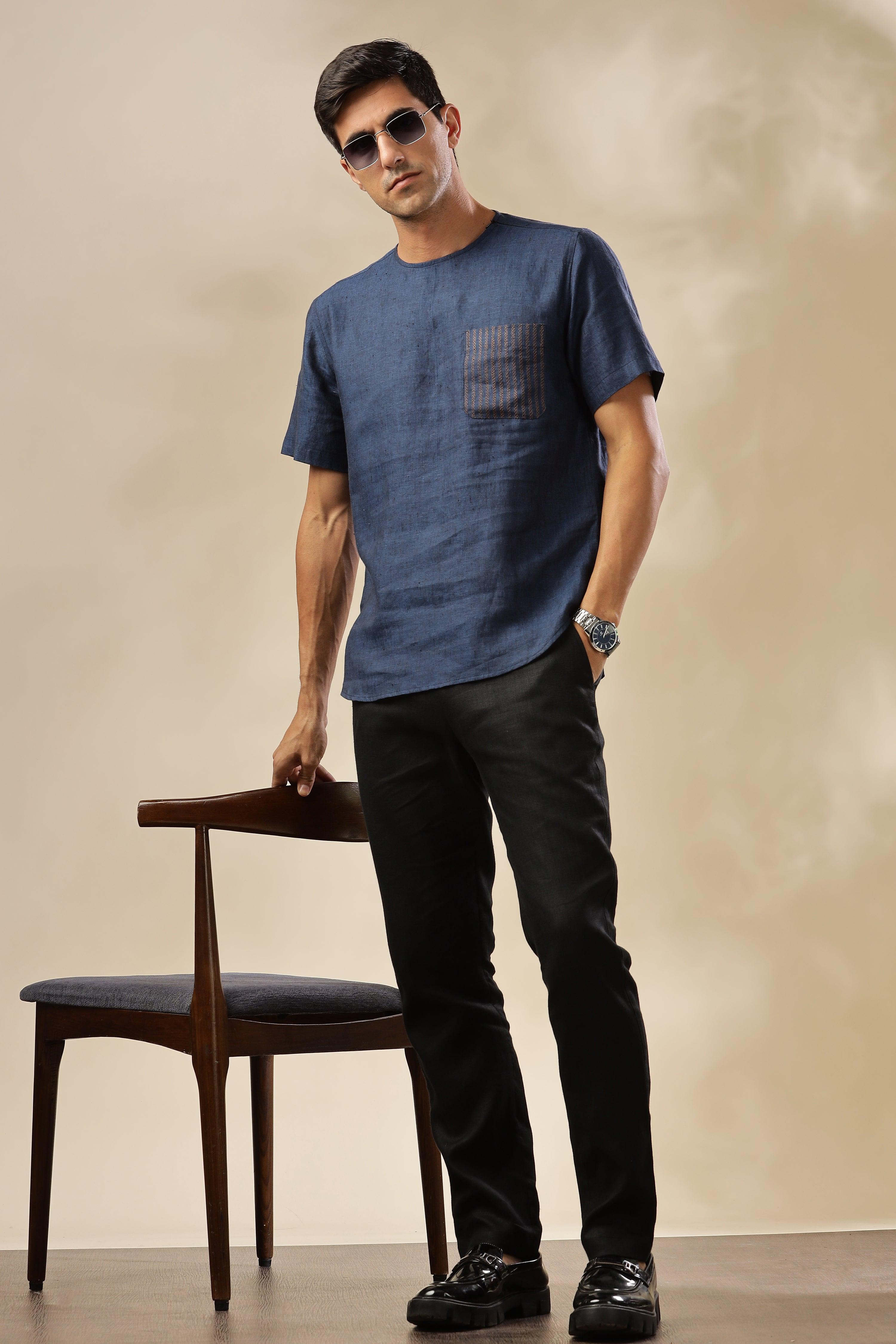 ALAN - Pure French Linen Dark Blue Chambray T-Shirt