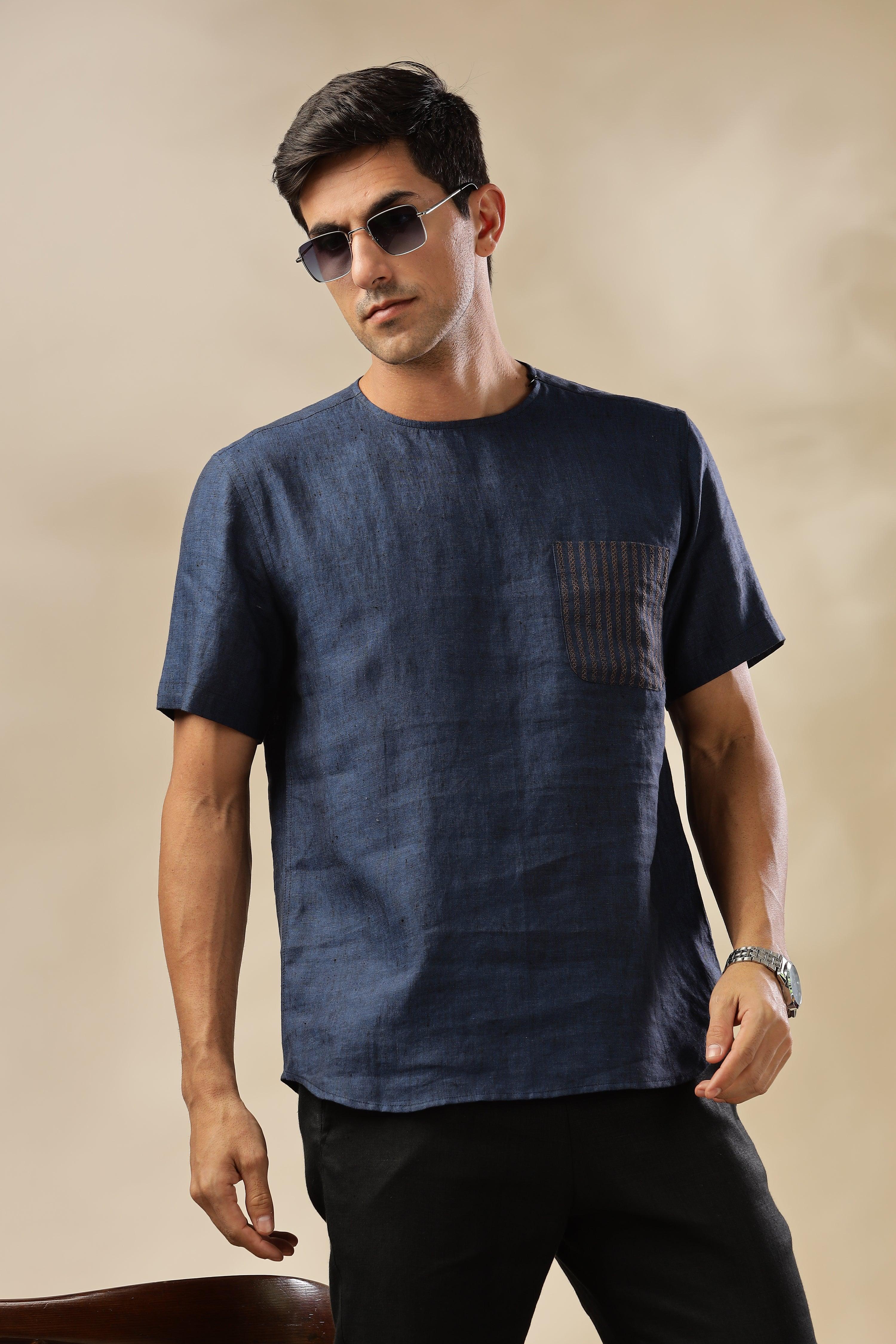 ALAN - Pure French Linen Dark Blue Chambray T-Shirt
