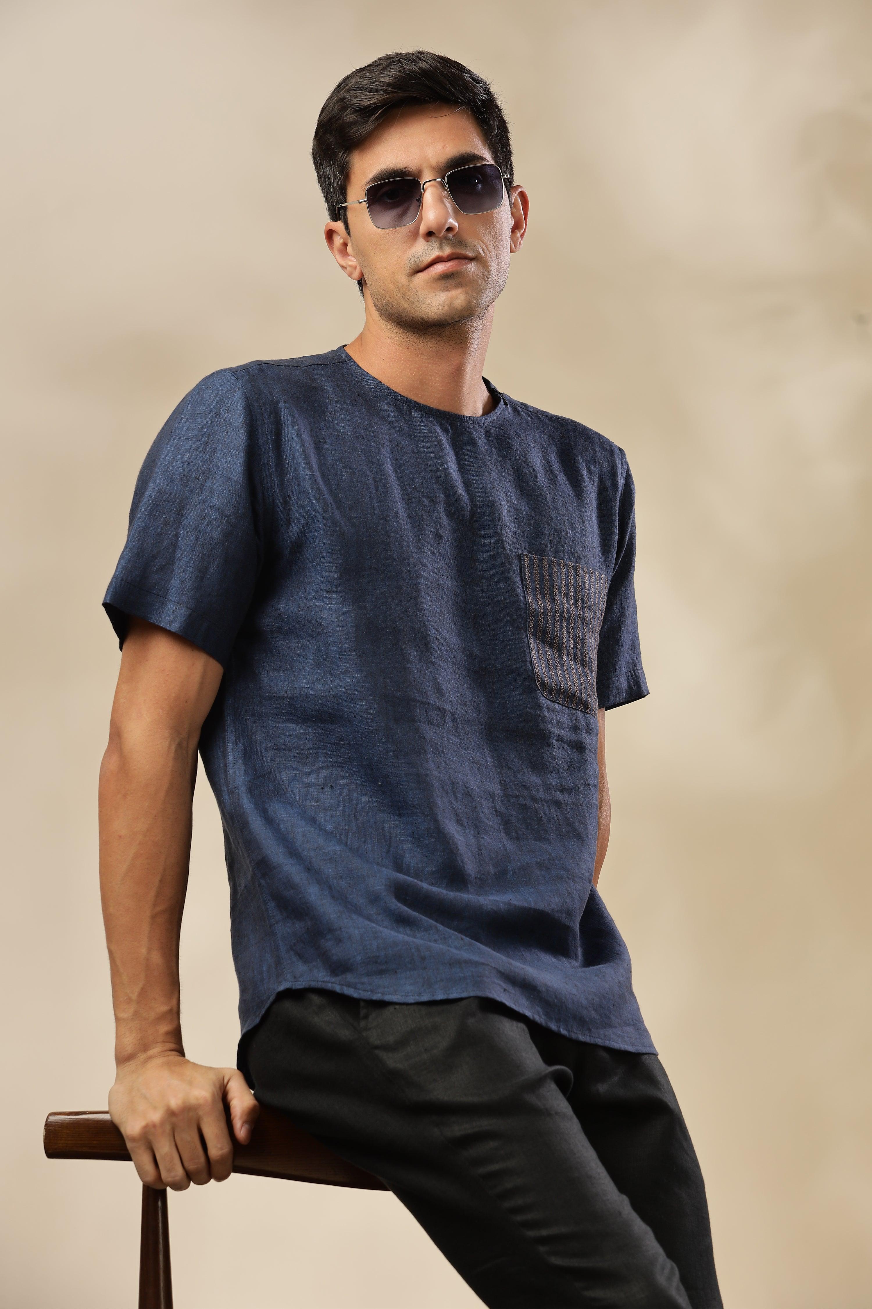 ALAN - Pure French Linen Dark Blue Chambray T-Shirt