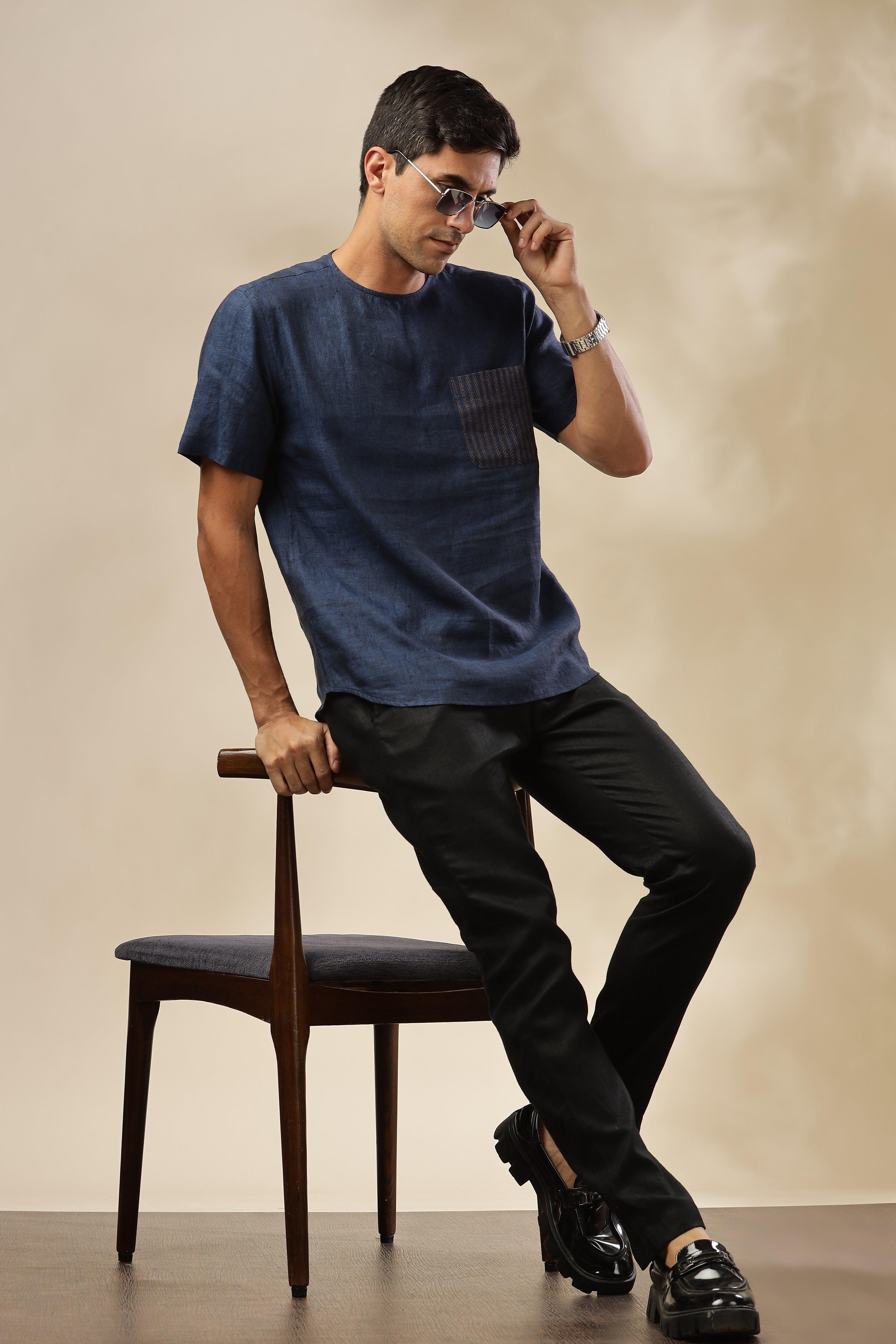 ALAN - Pure French Linen Dark Blue Chambray T-Shirt
