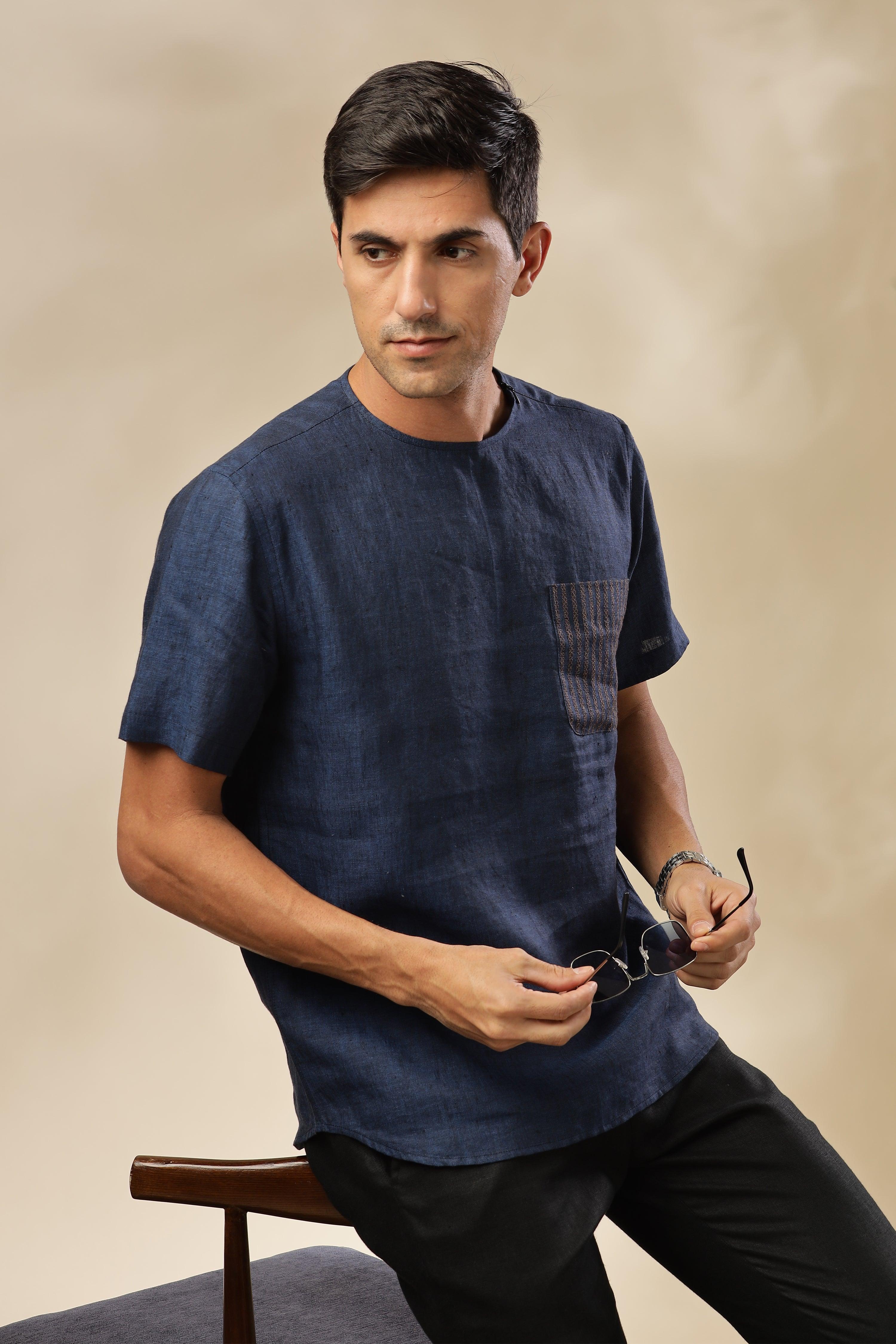 ALAN - Pure French Linen Dark Blue Chambray T-Shirt