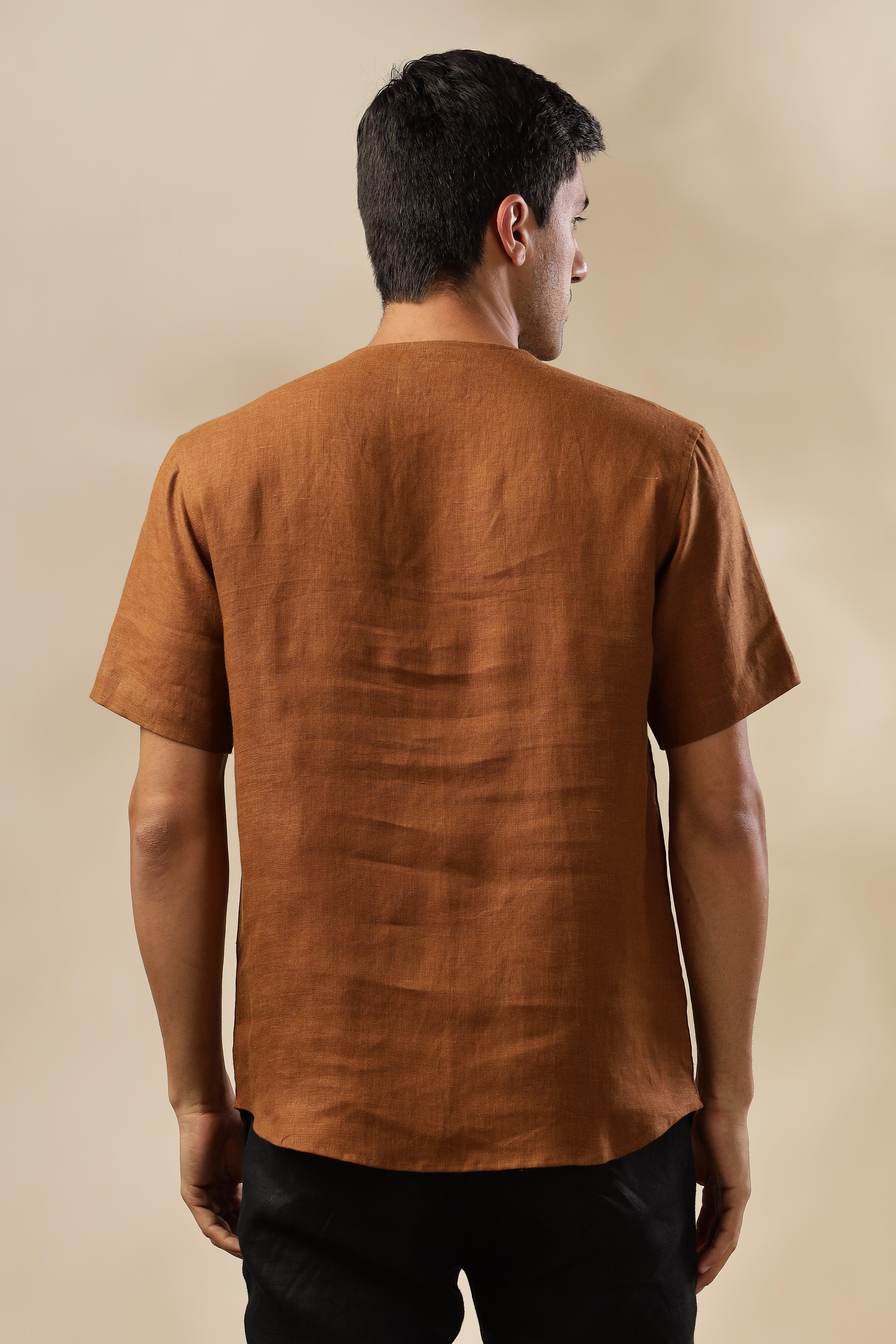 ALAN - Pure French Linen Coffee Brown T-Shirt