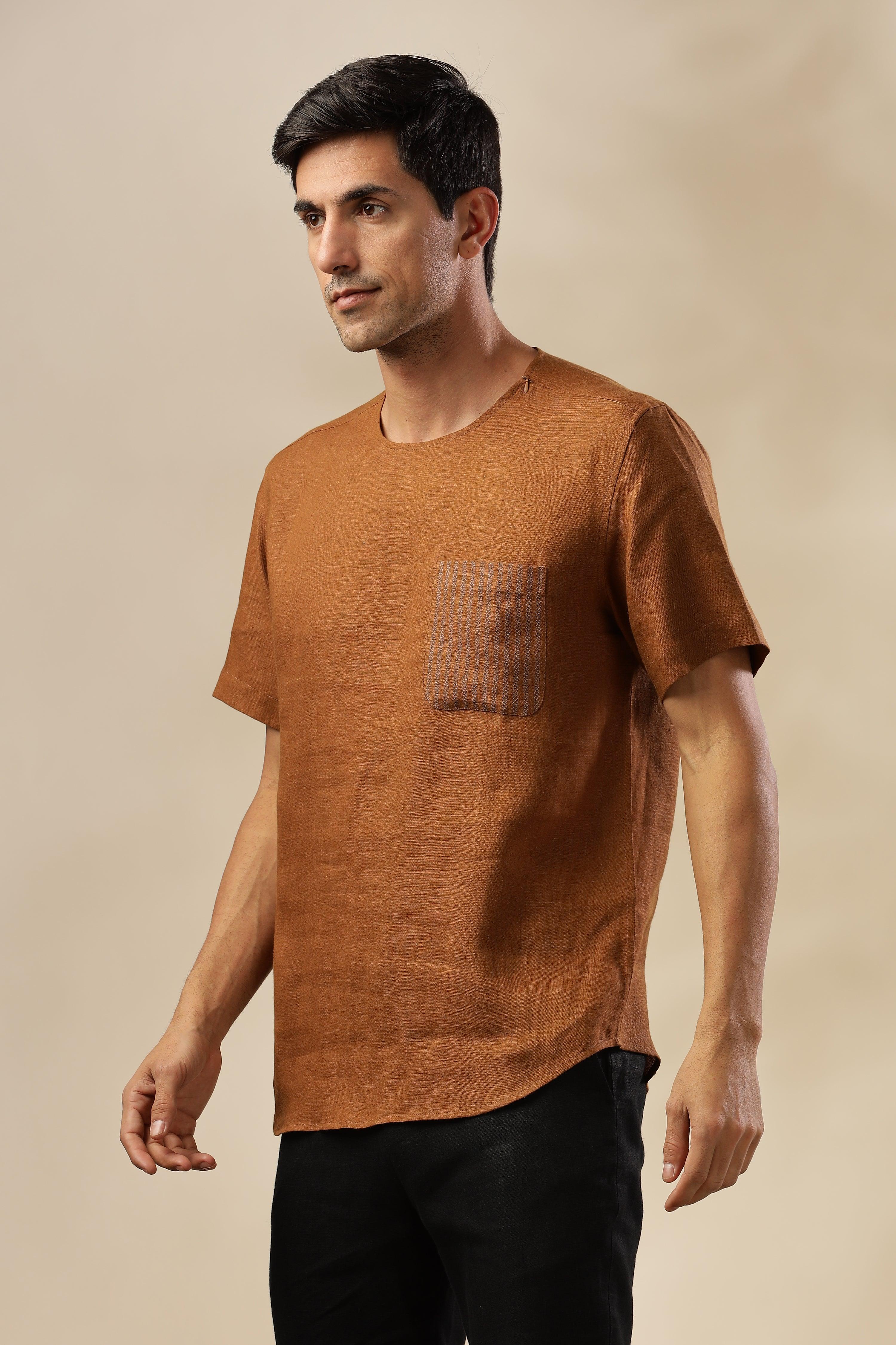 ALAN - Pure French Linen Coffee Brown T-Shirt