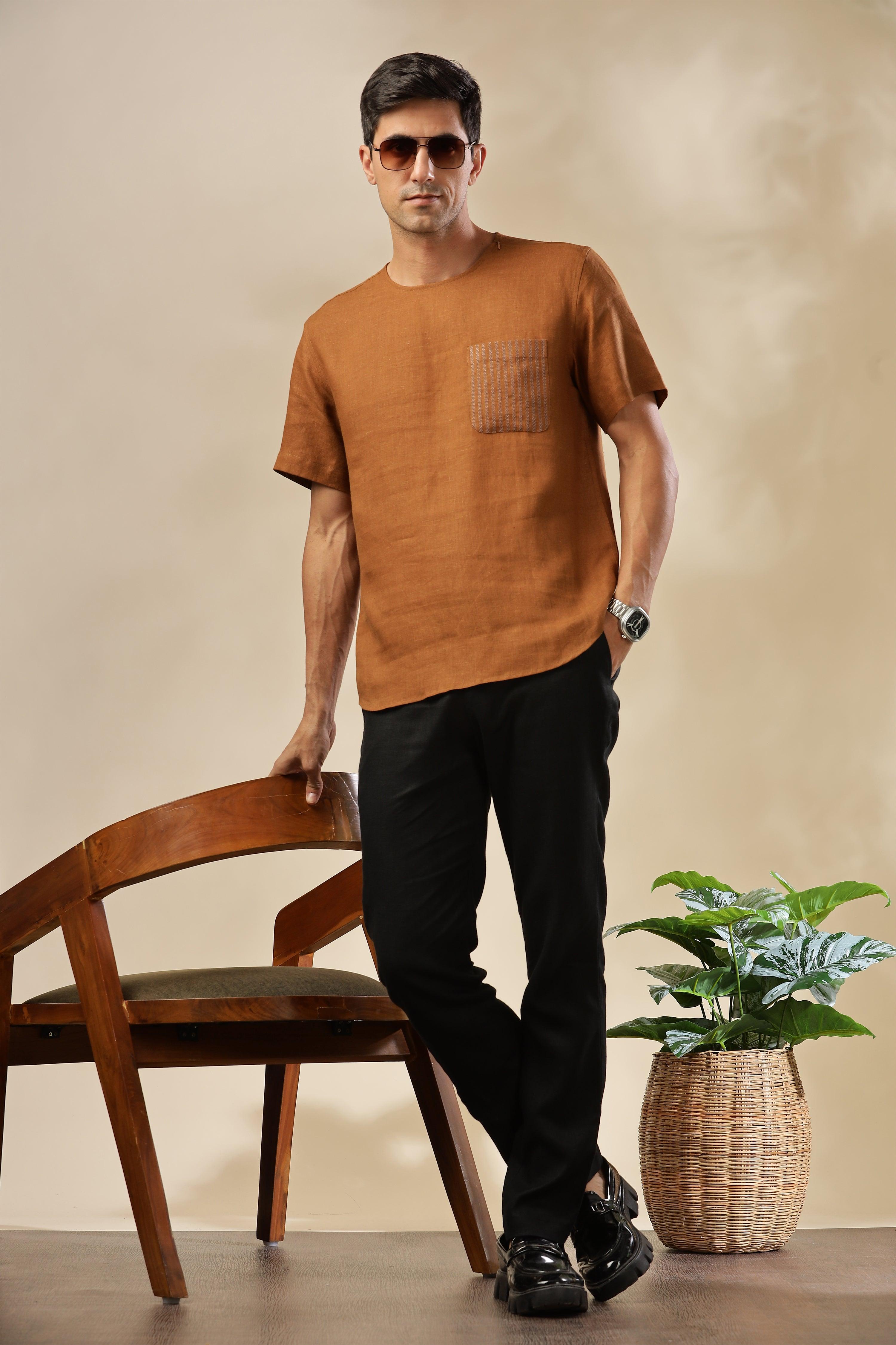 ALAN - Pure French Linen Coffee Brown T-Shirt