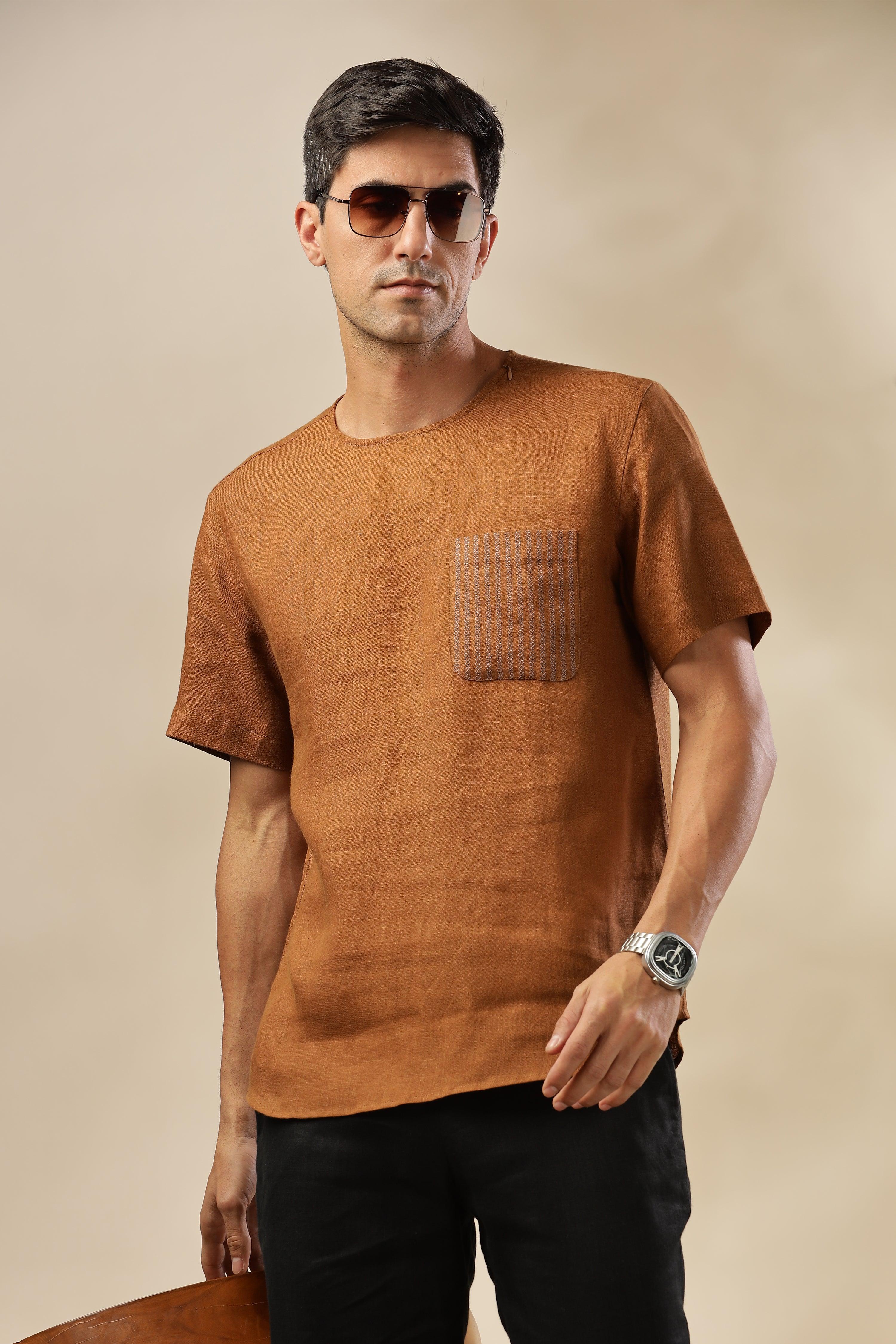 ALAN - Pure French Linen Coffee Brown T-Shirt