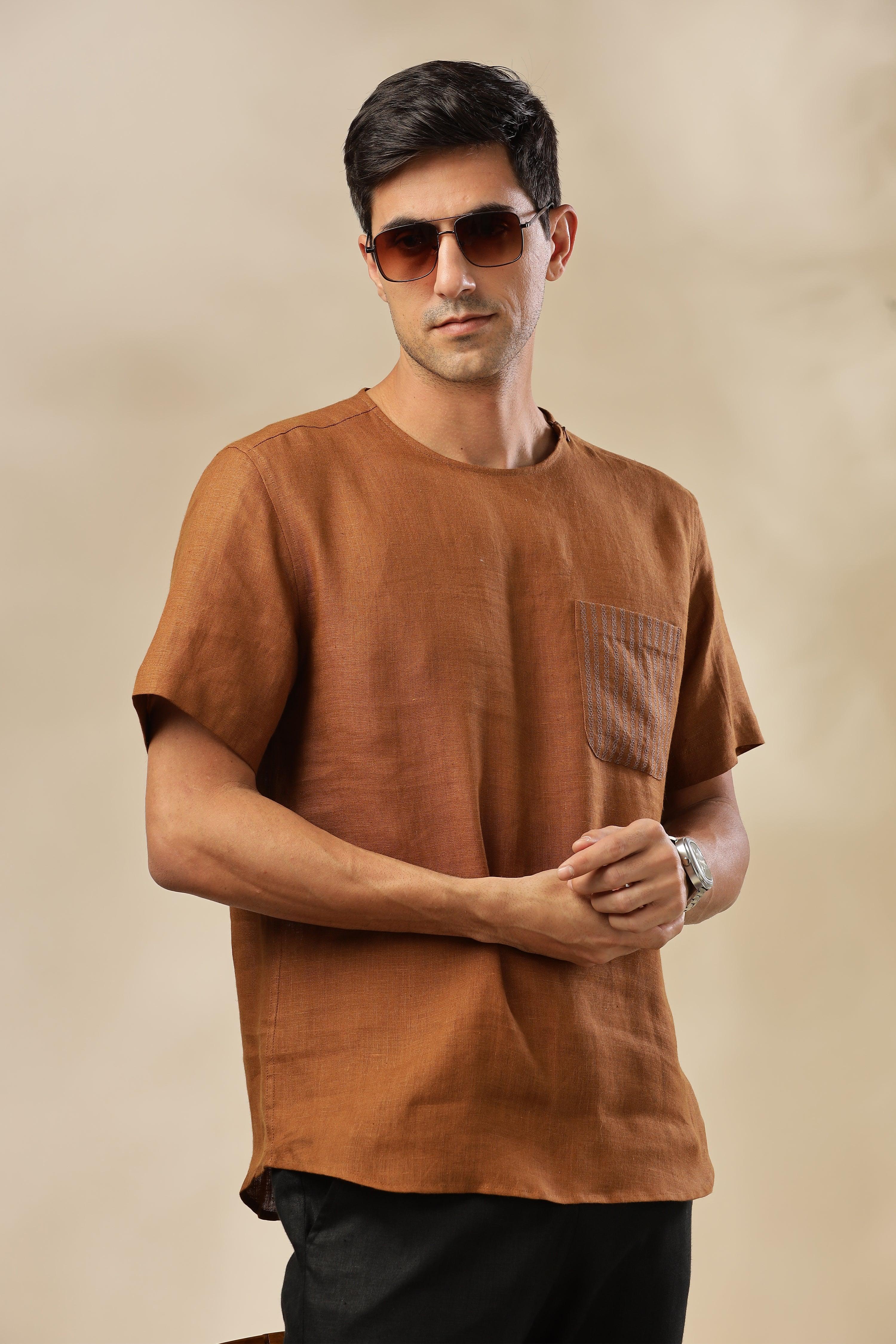 ALAN - Pure French Linen Coffee Brown T-Shirt