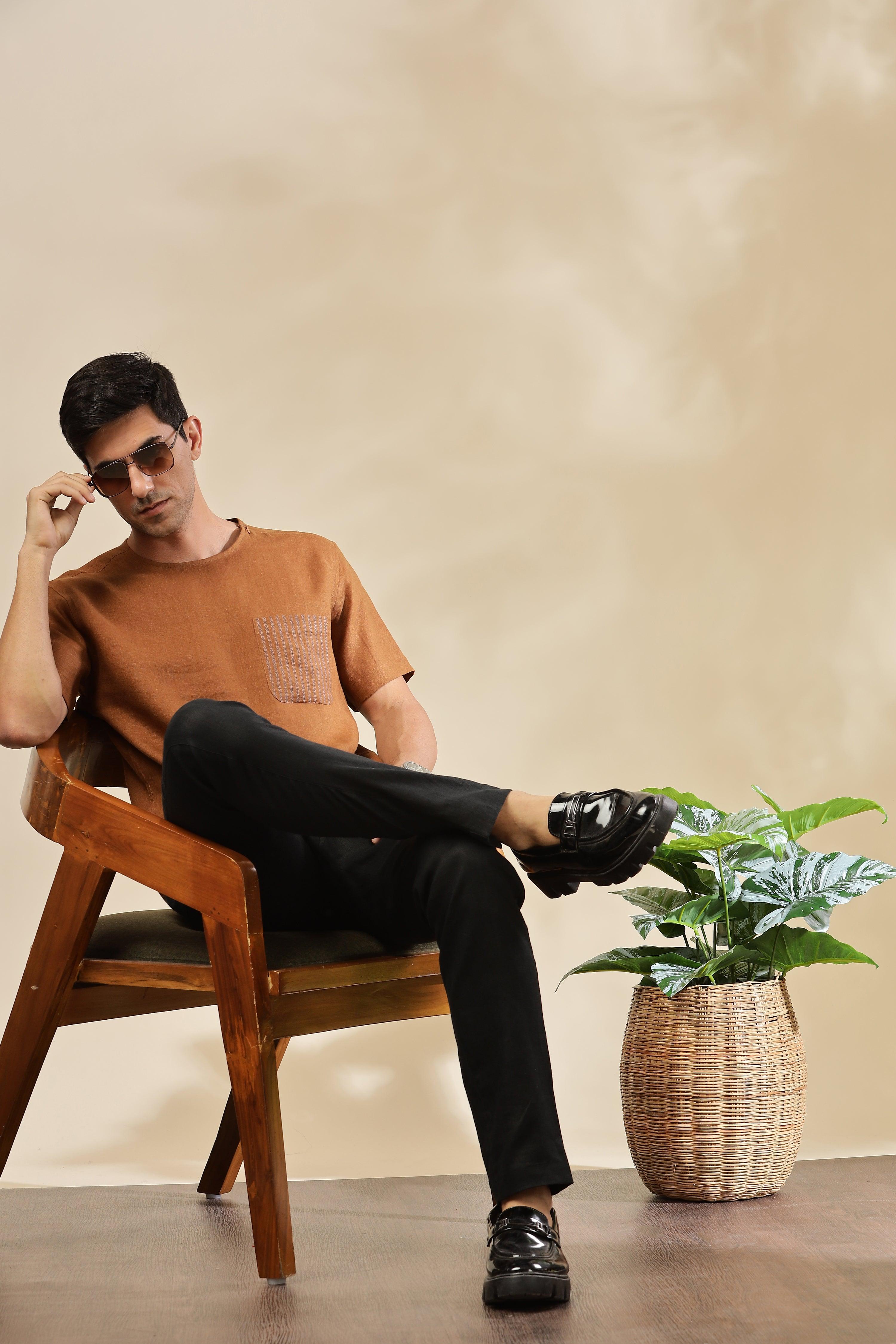 ALAN - Pure French Linen Coffee Brown T-Shirt