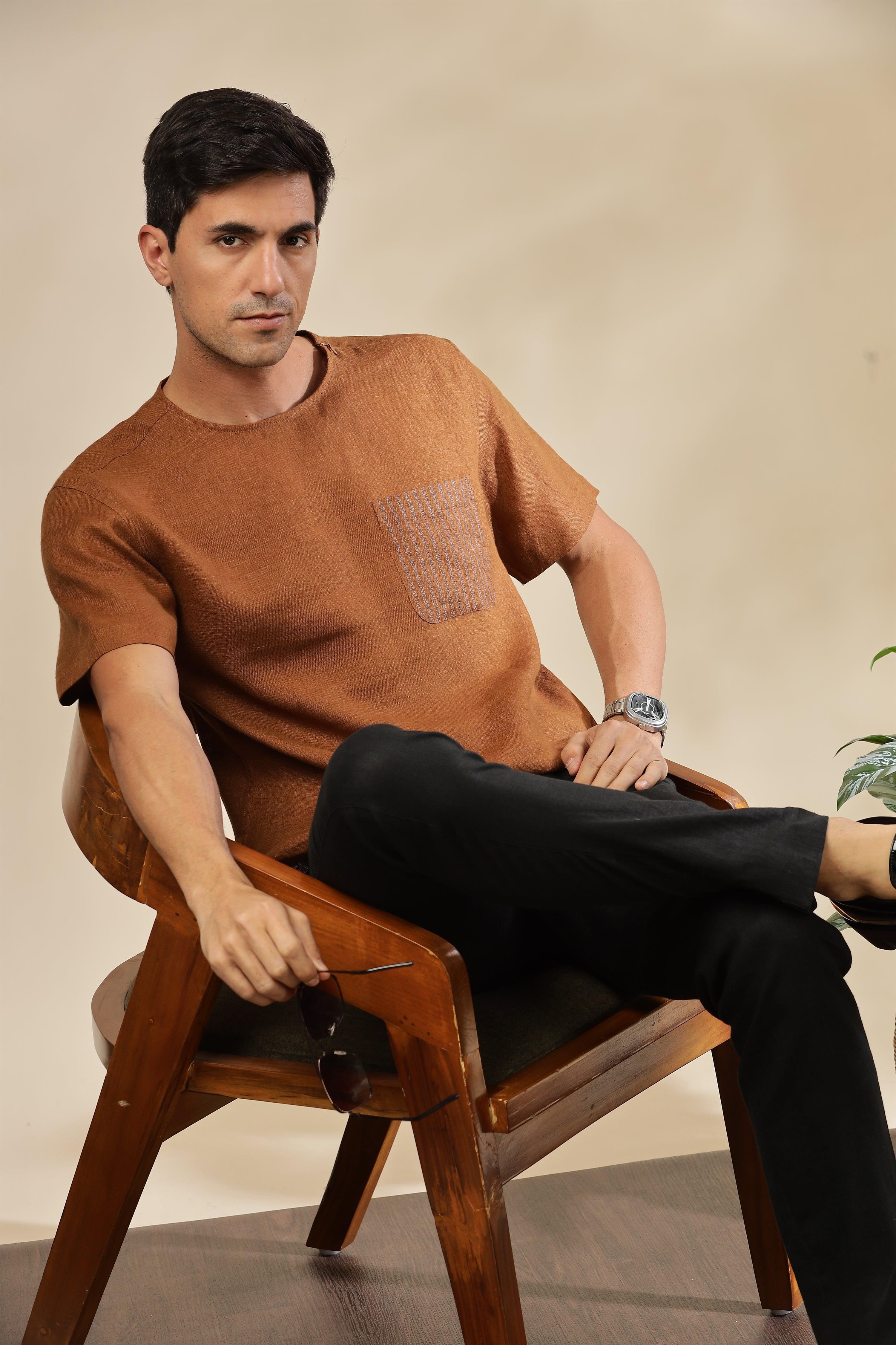 ALAN - Pure French Linen Coffee Brown T-Shirt