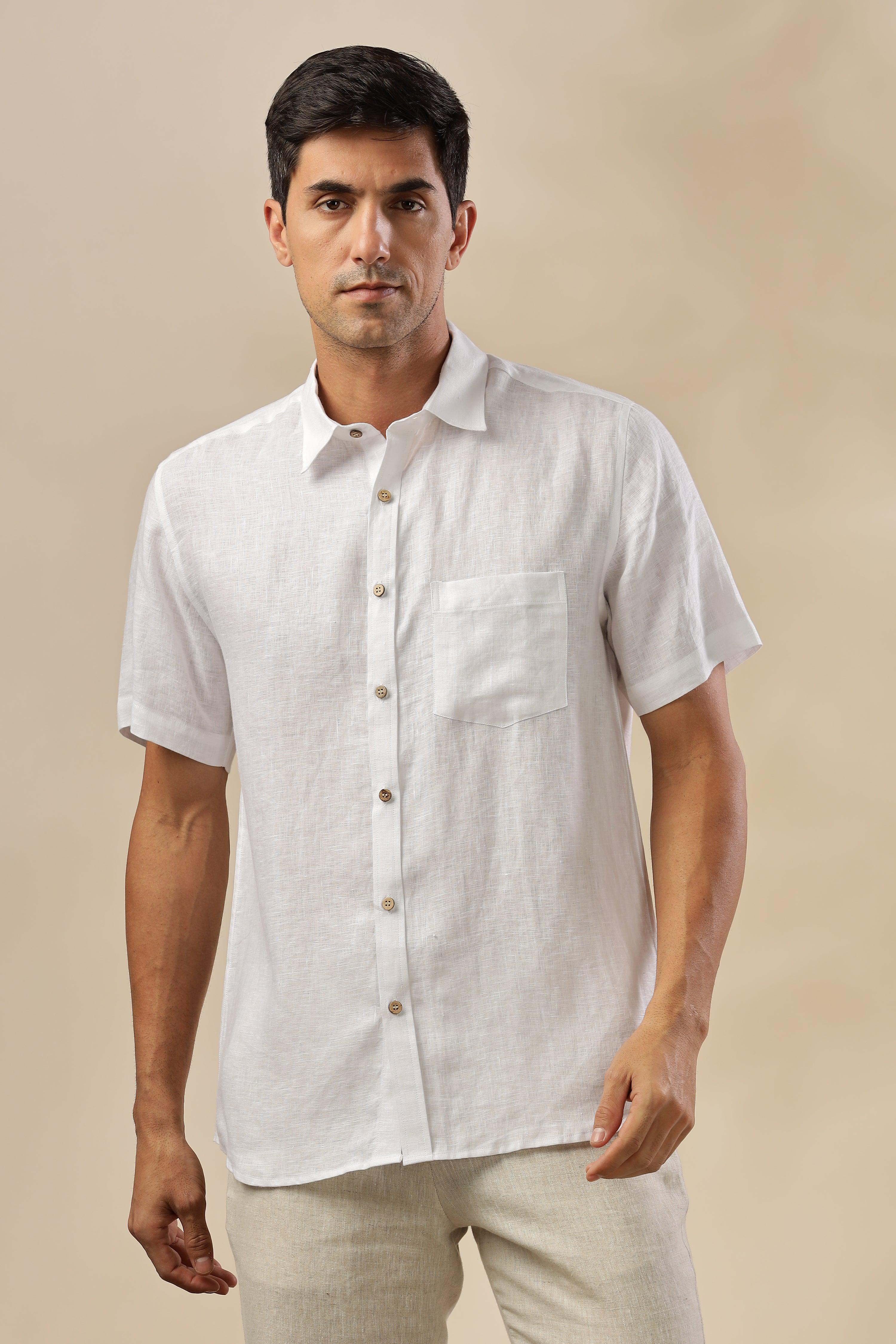 MARK Short Sleeves - 100% Pure Linen Regular Collar White Shirt