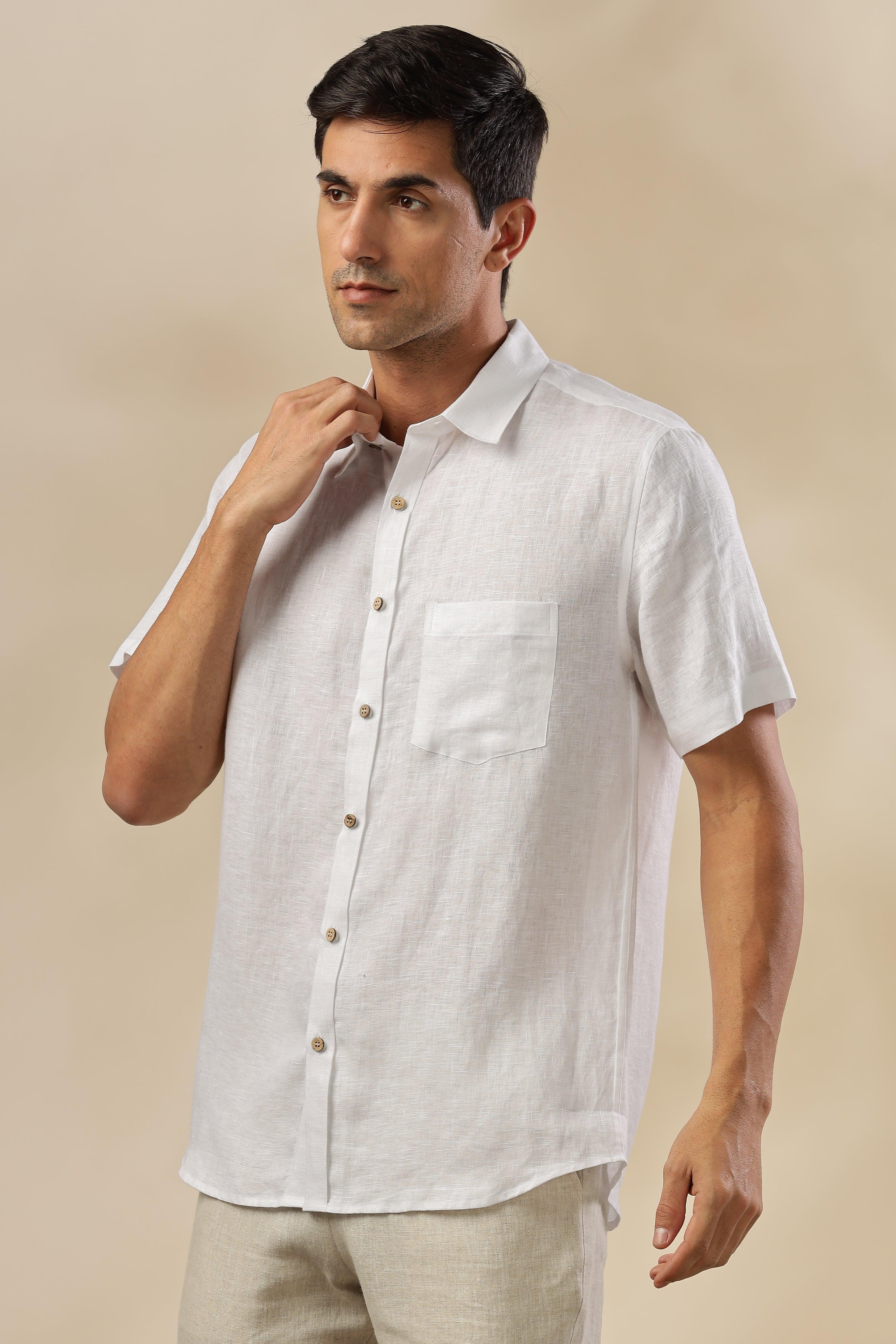 MARK Short Sleeves - 100% Pure Linen Regular Collar White Shirt