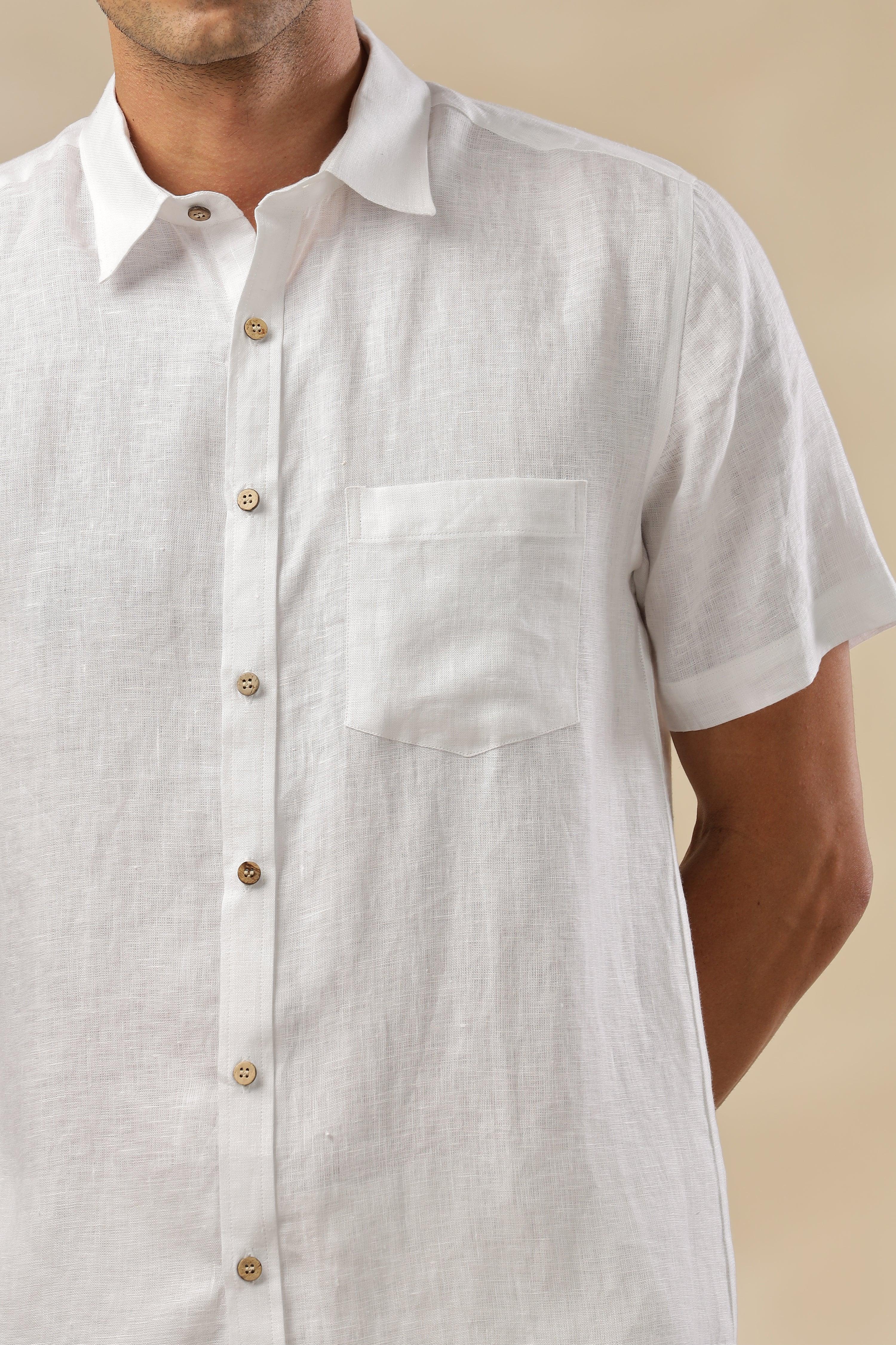 MARK Short Sleeves - 100% Pure Linen Regular Collar White Shirt