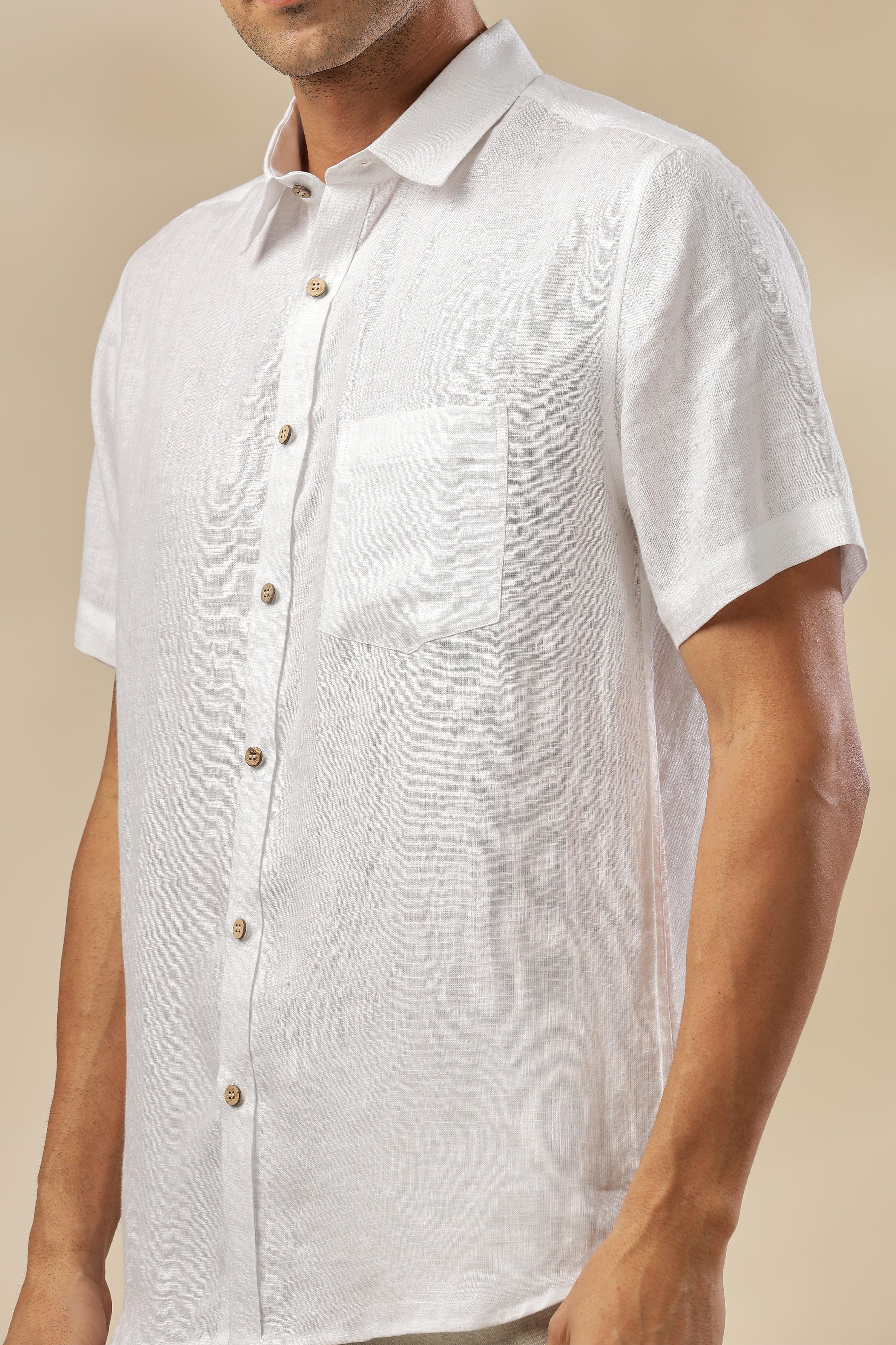 MARK Short Sleeves - 100% Pure Linen Regular Collar White Shirt
