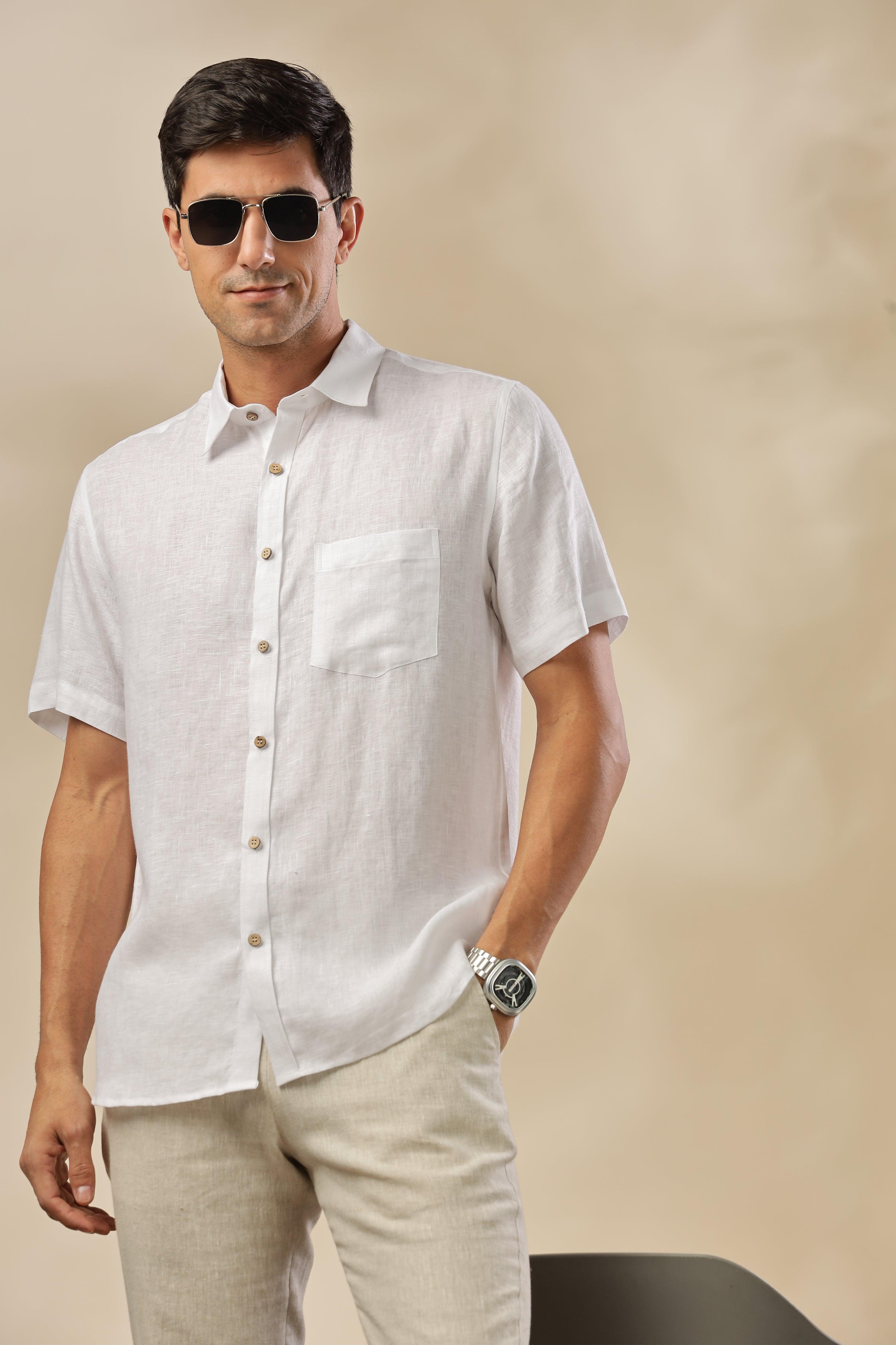 MARK Short Sleeves - 100% Pure Linen Regular Collar White Shirt