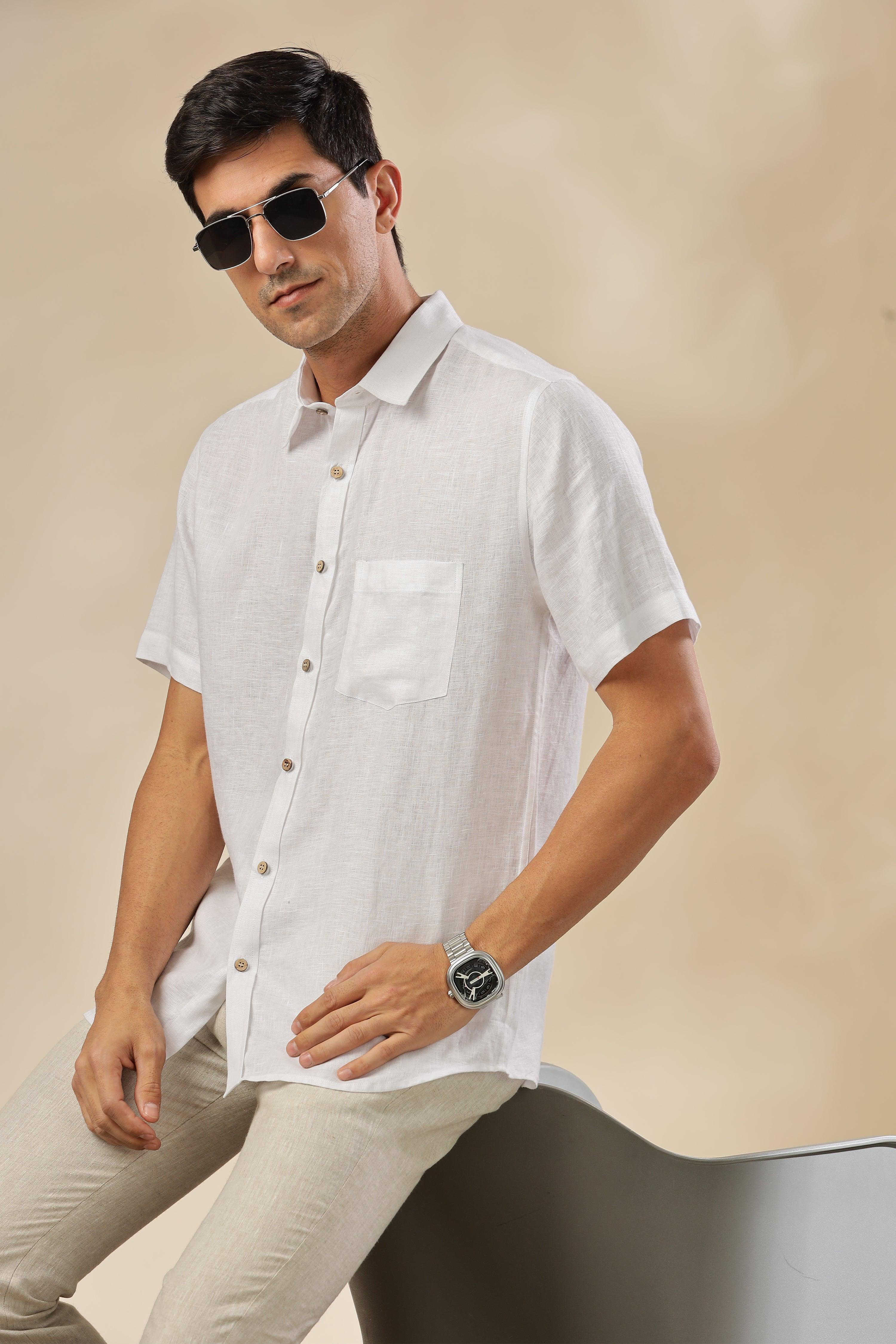 MARK Short Sleeves - 100% Pure Linen Regular Collar White Shirt