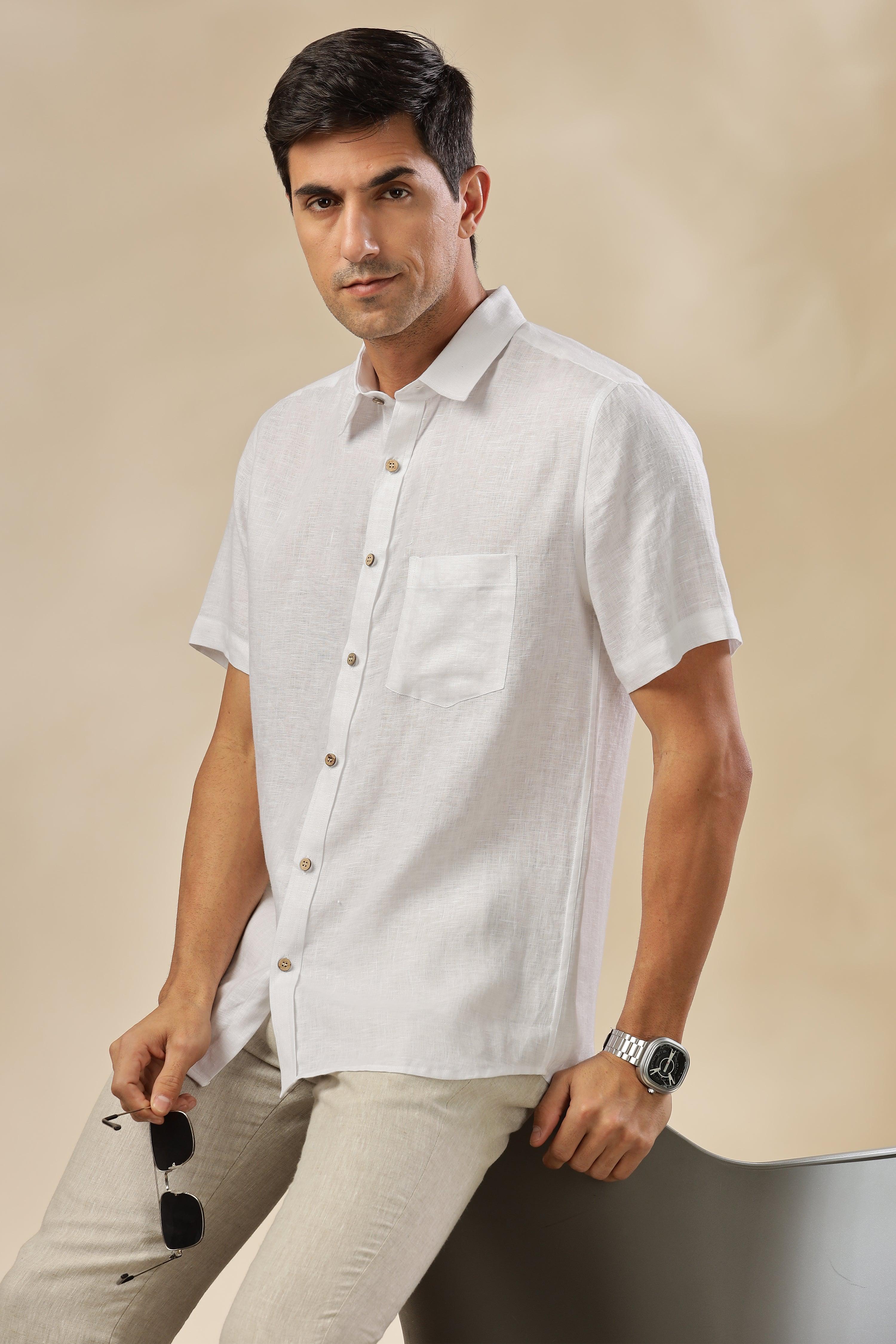 MARK Short Sleeves - 100% Pure Linen Regular Collar White Shirt