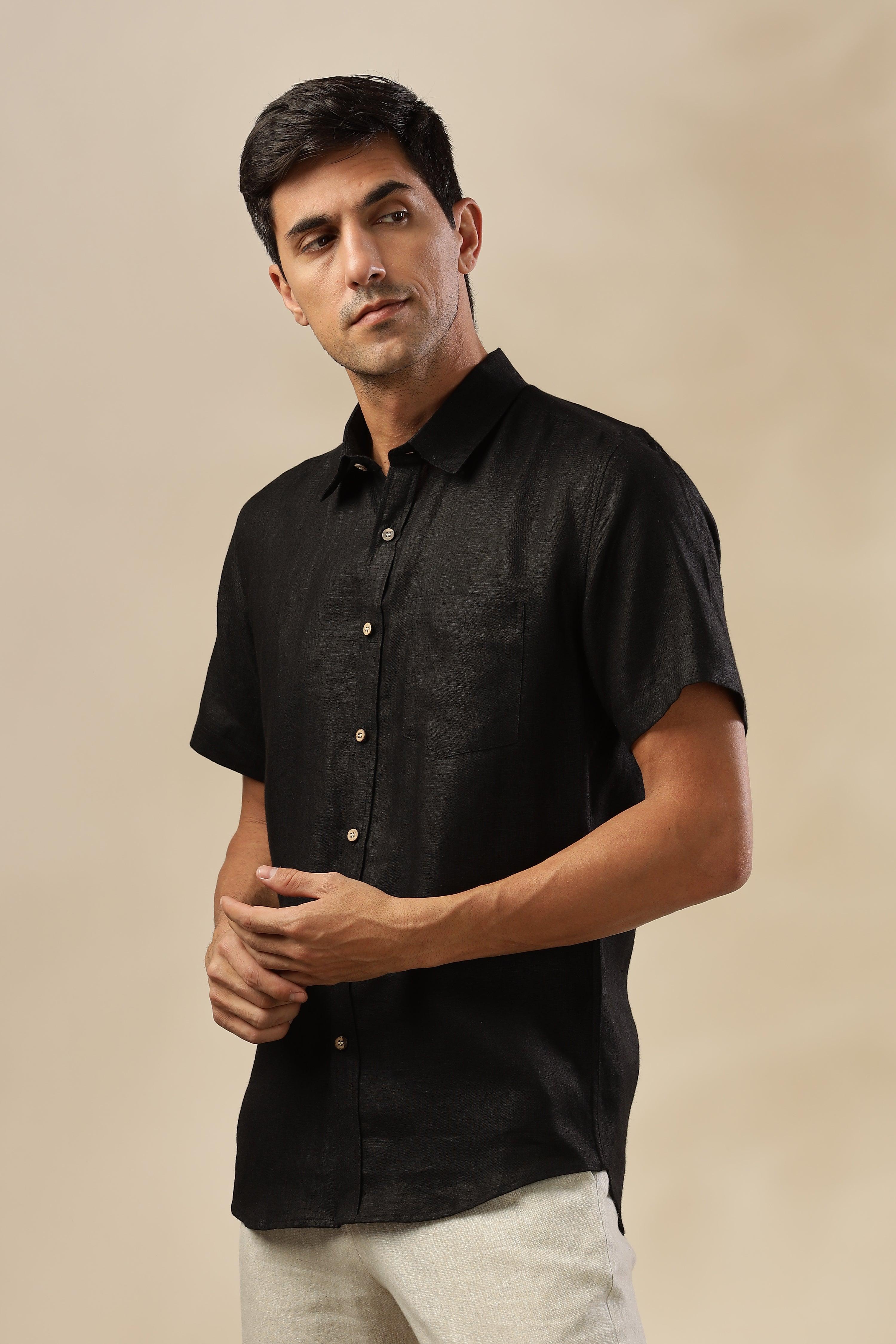 MARK Short Sleeves - 100% Pure Linen Regular Collar Black Shirt