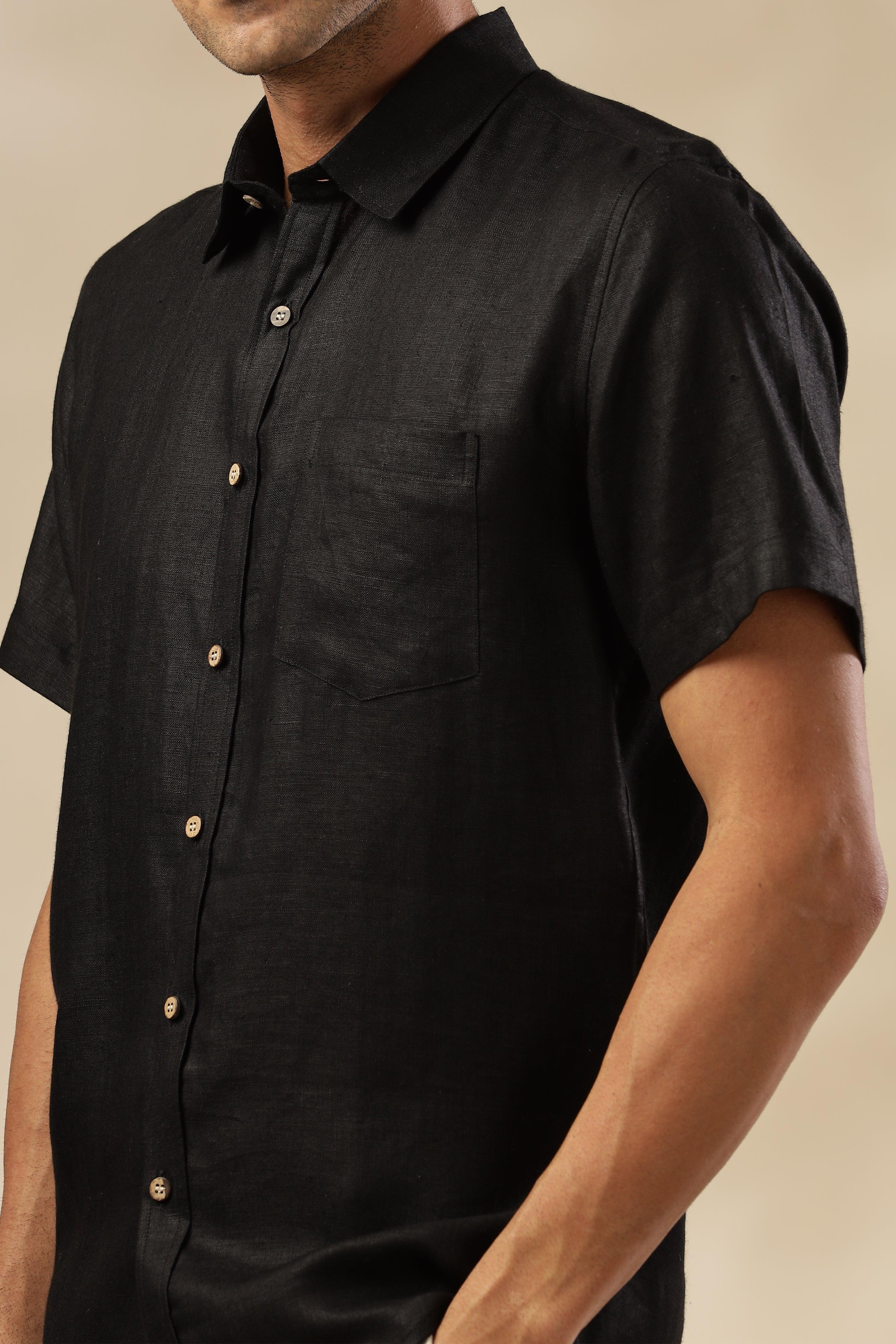MARK Short Sleeves - 100% Pure Linen Regular Collar Black Shirt